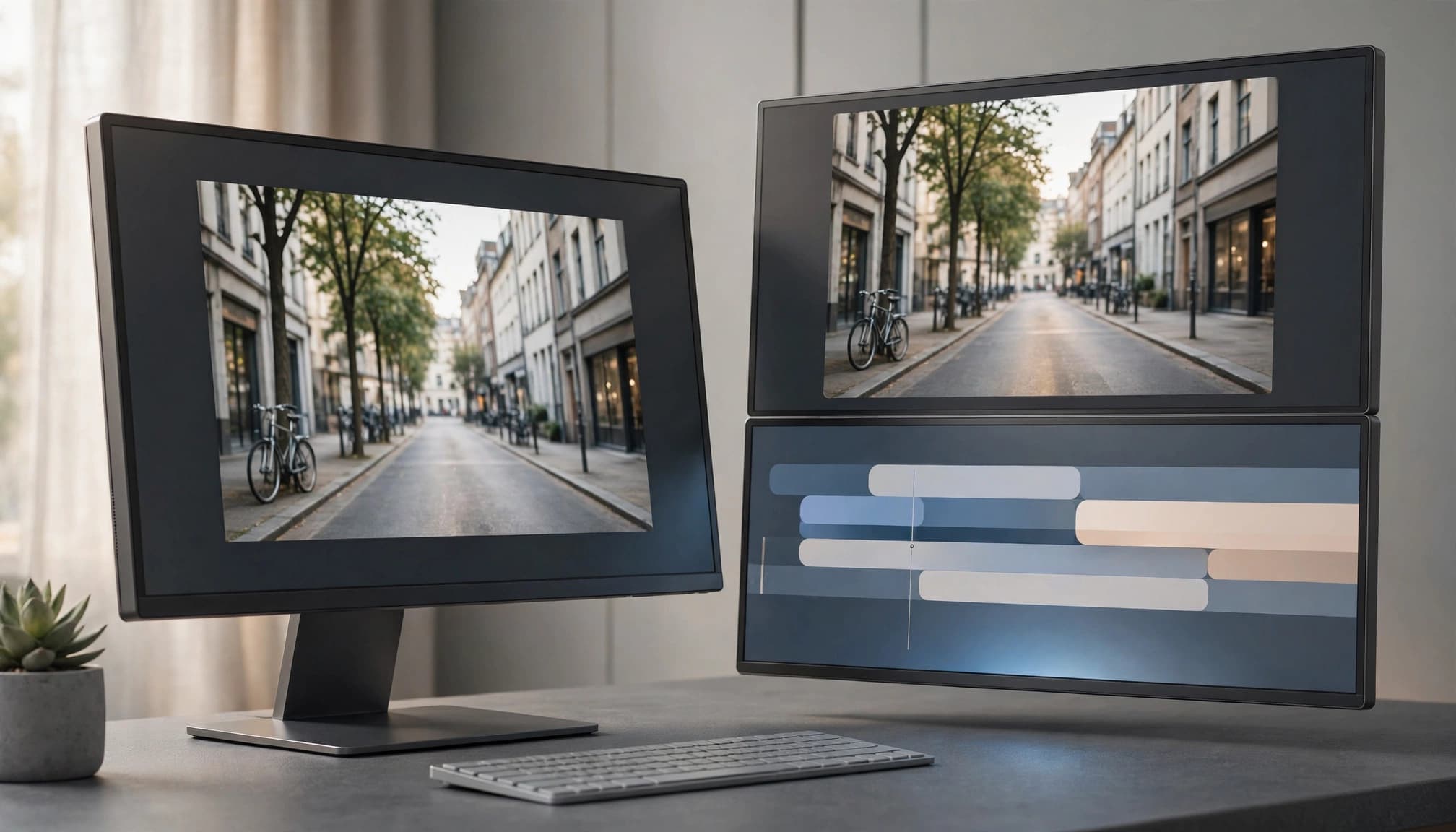 A clean workstation with a monitor showing a street scene and a stacked dual-screen setup displaying a similar street scene and an editing timeline.