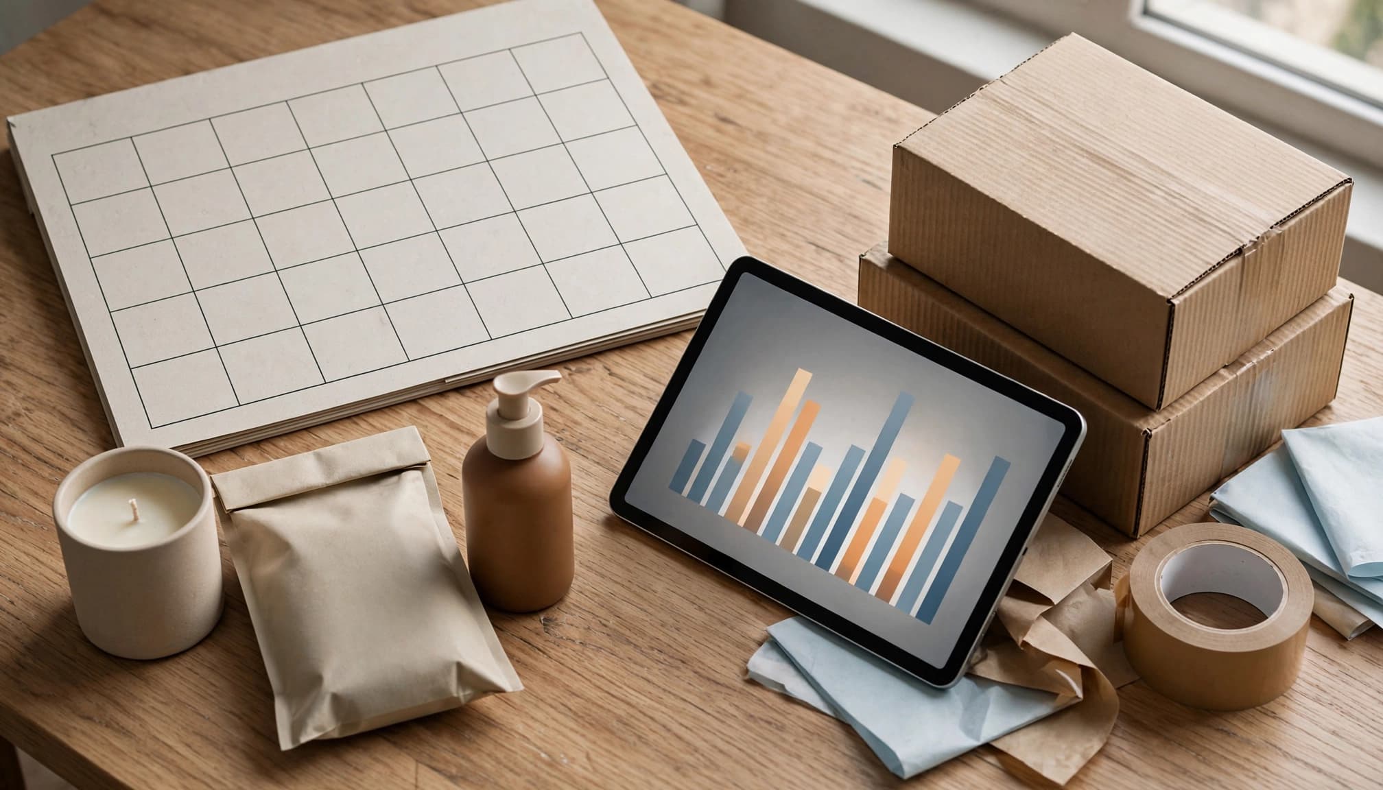 Product samples, a blank calendar, cartons, and a tablet with colored bars on a tidy workspace.