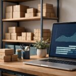 Product boxes and shelves beside a laptop showing inventory charts.