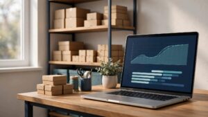 Product boxes and shelves beside a laptop showing inventory charts.