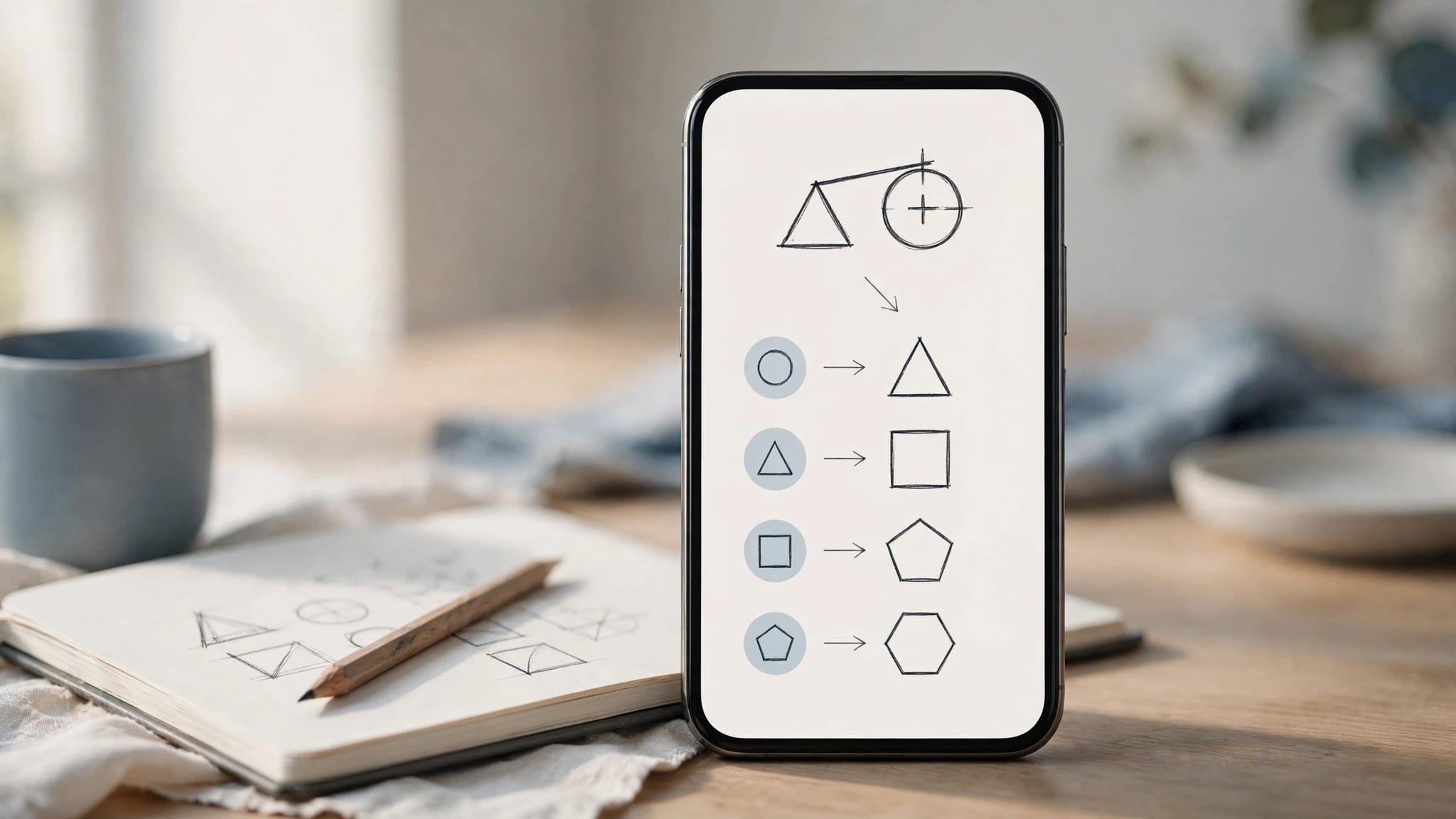 A phone shows algebra steps beside an open notebook and pencil.