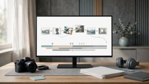 A storyboard and editing timeline appear on a monitor beside a camera and headphones.