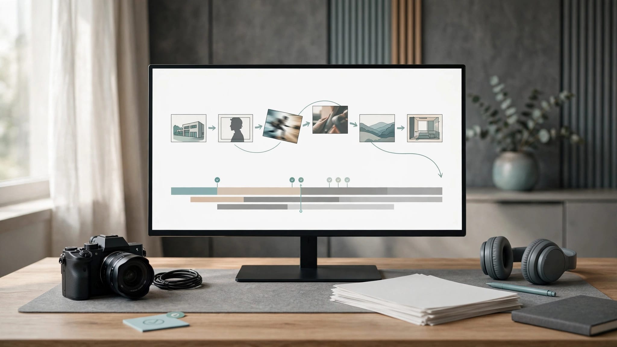 A storyboard and editing timeline appear on a monitor beside a camera and headphones.
