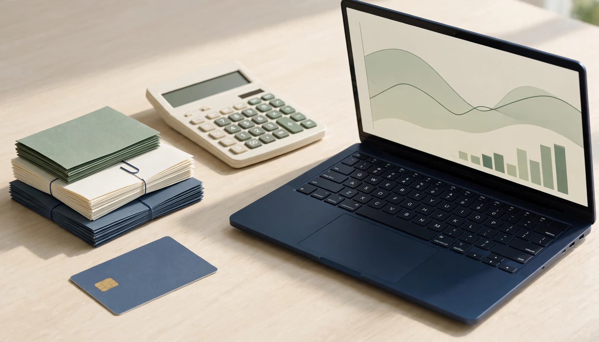 A laptop showing a data graph, a calculator, a stack of receipts, and a bank card.