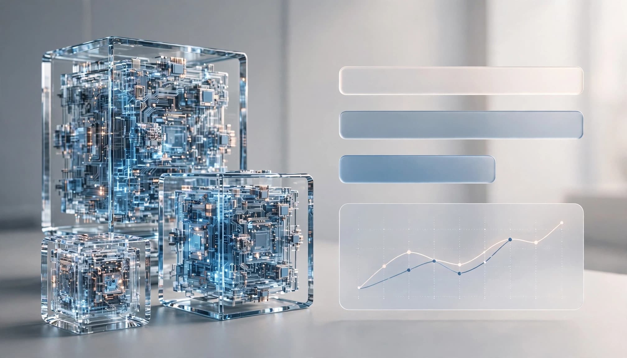 Three glass computational cubes with internal circuits alongside horizontal data bars and a line graph.