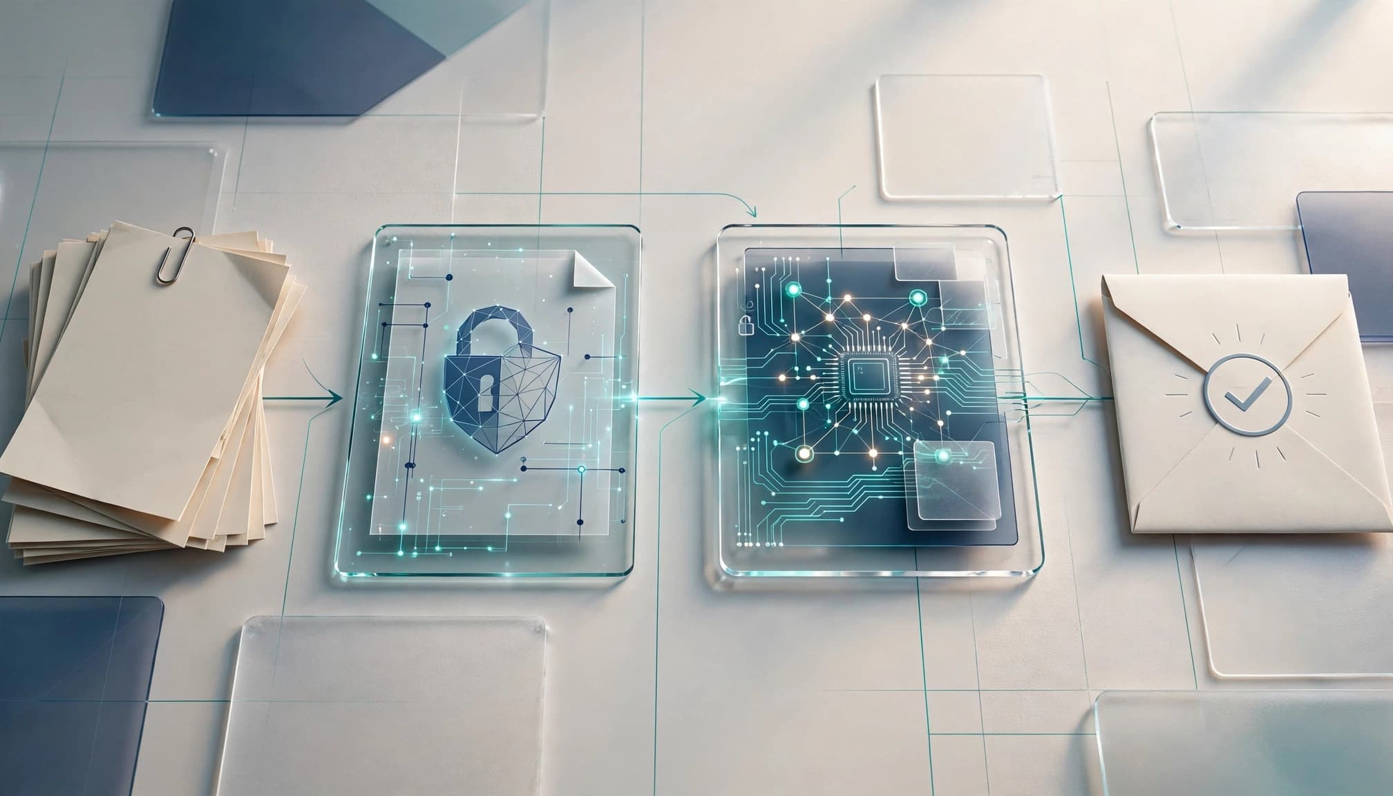A digital workflow visualization showing paper forms, a secure lock icon on glass, a processor chip, and a verified envelope.