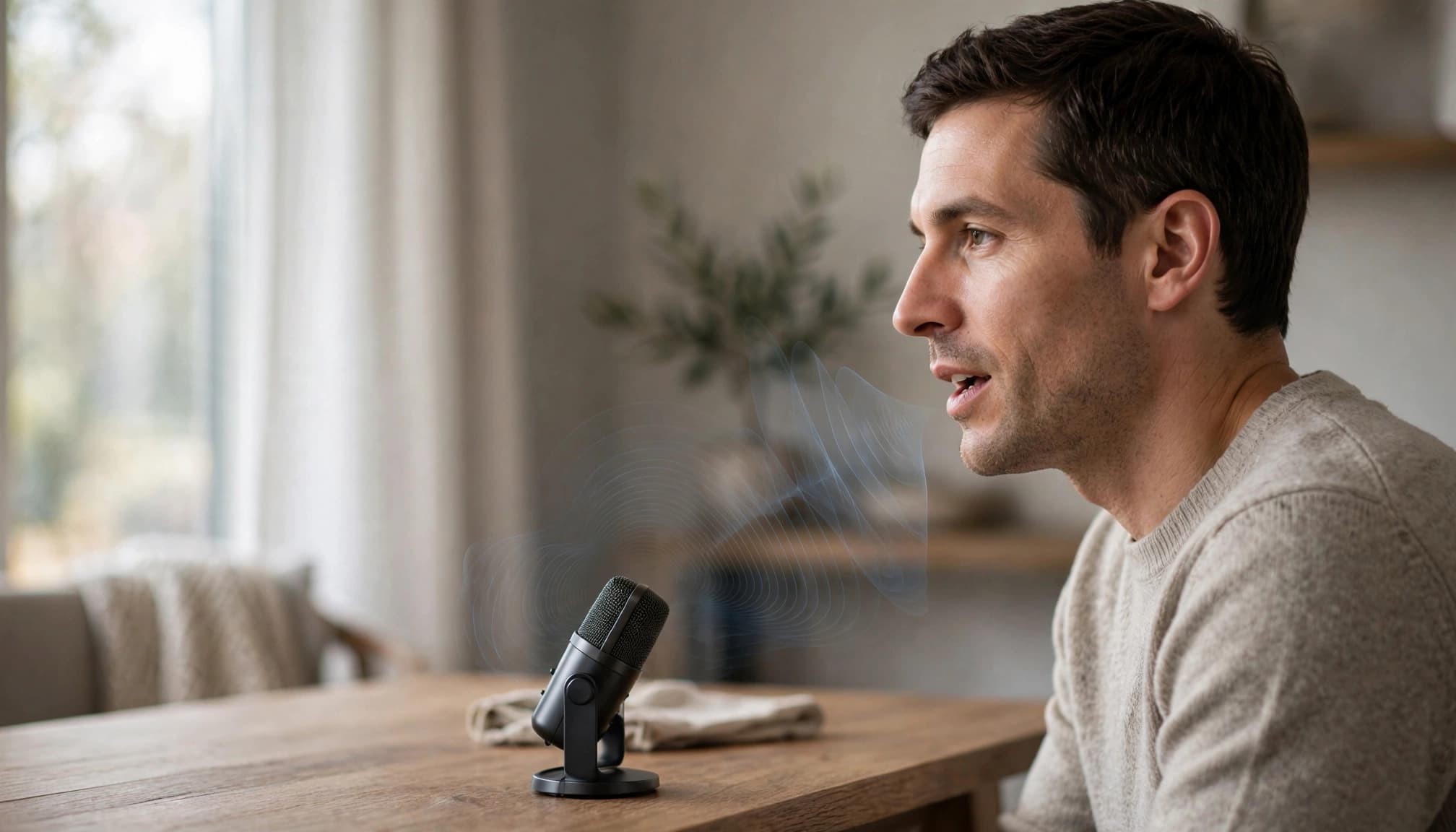 A person speaks toward a tabletop microphone in a quiet, sunlit home.