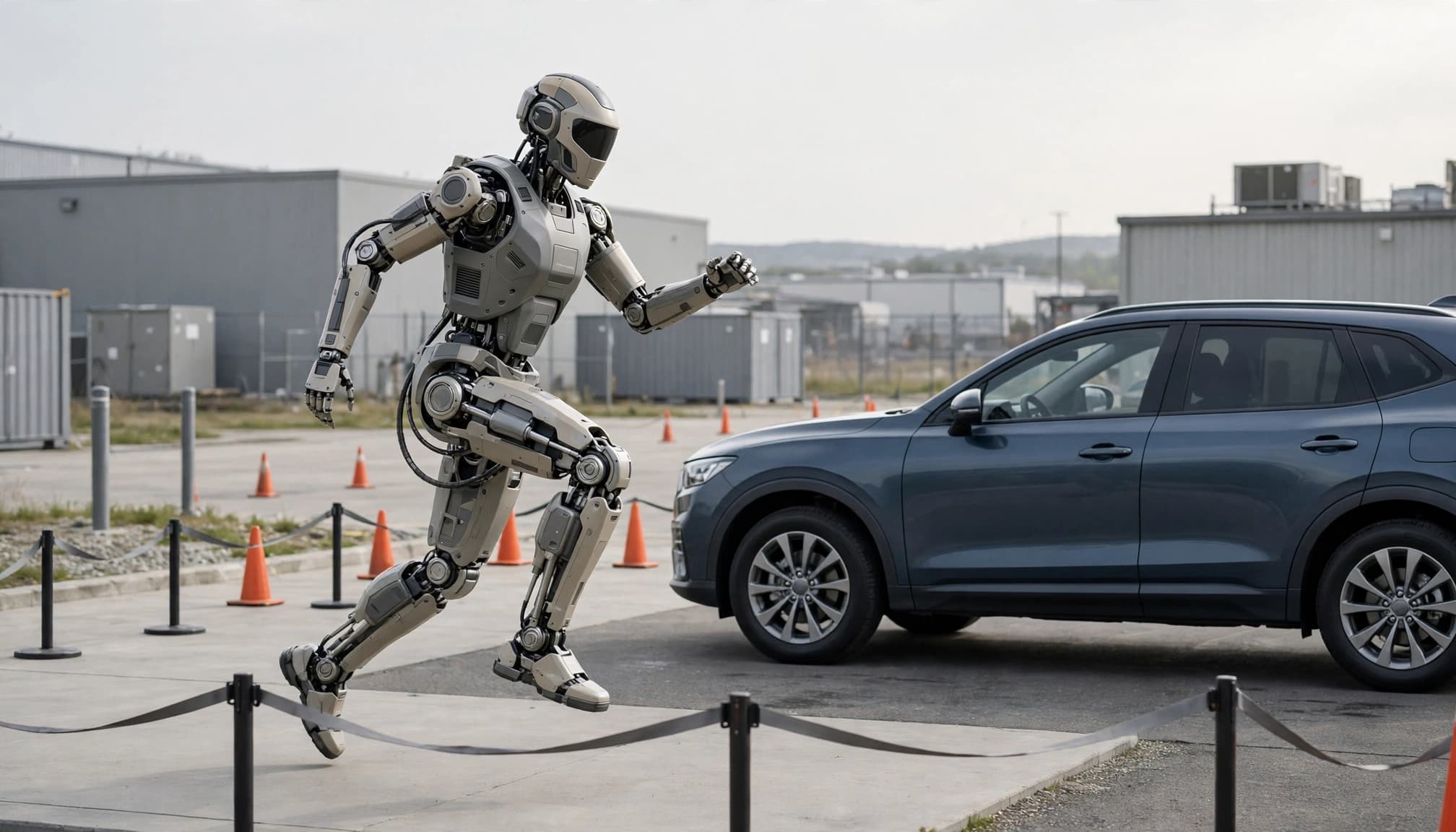 A humanoid robot runs past a blue car in an outdoor industrial area.