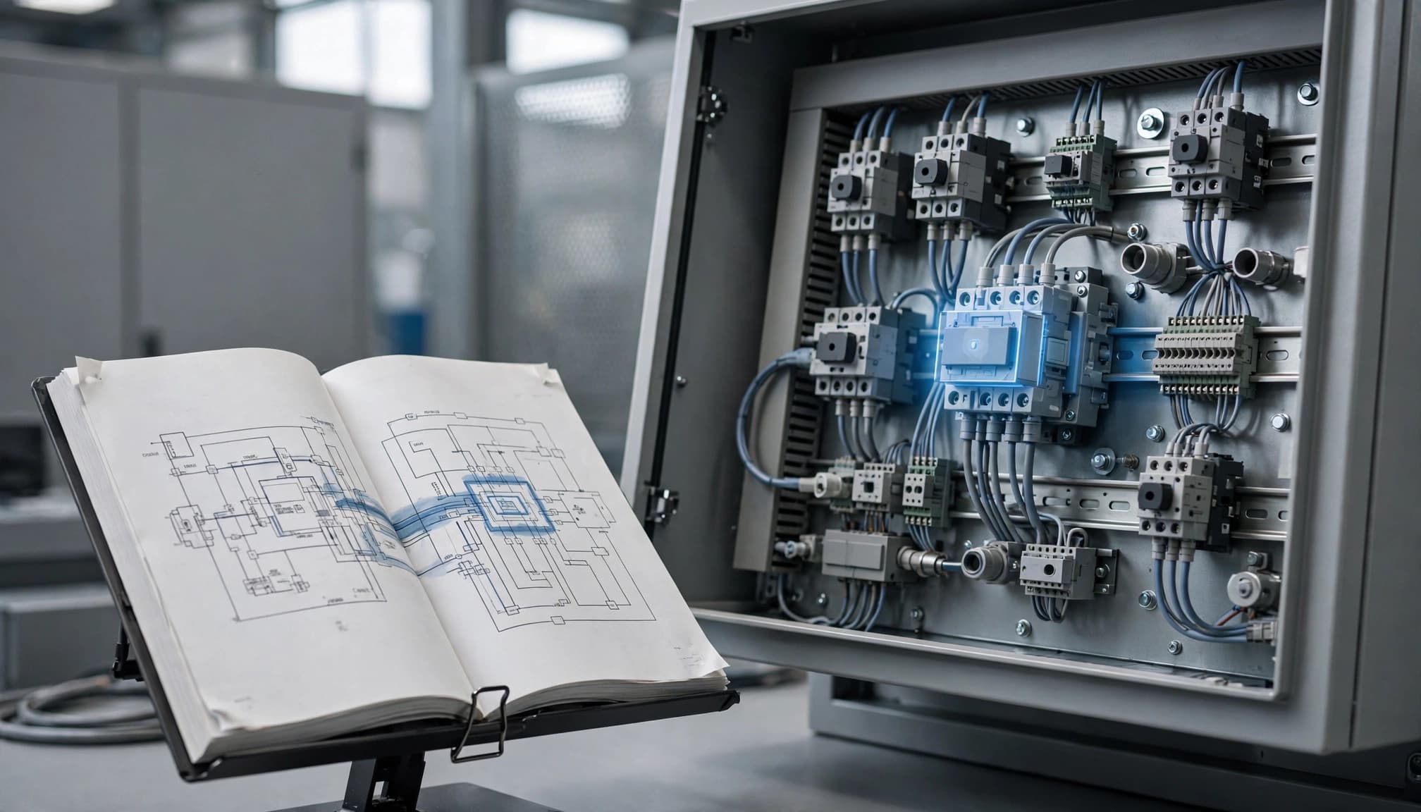 Multimodal RAG for Manuals: Search Diagrams With Text 3 A service manual with circuit diagrams rests beside an open industrial control panel.