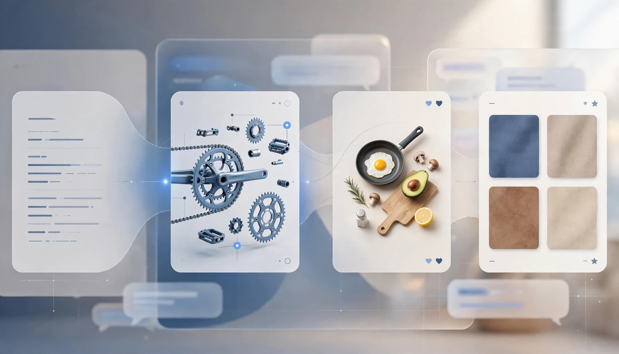 Visual cards showing a progression from text lines to a bicycle diagram, cooking imagery, and a color palette.