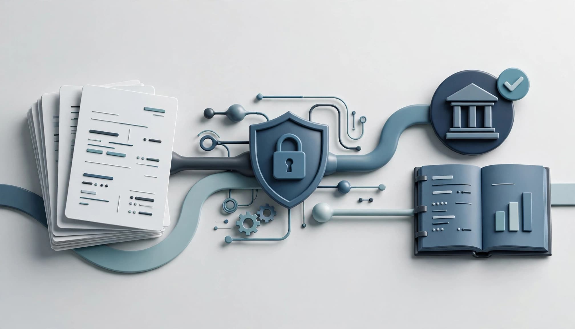 3D render of an invoice workflow with documents, a security shield, a bank icon, and an open ledger.