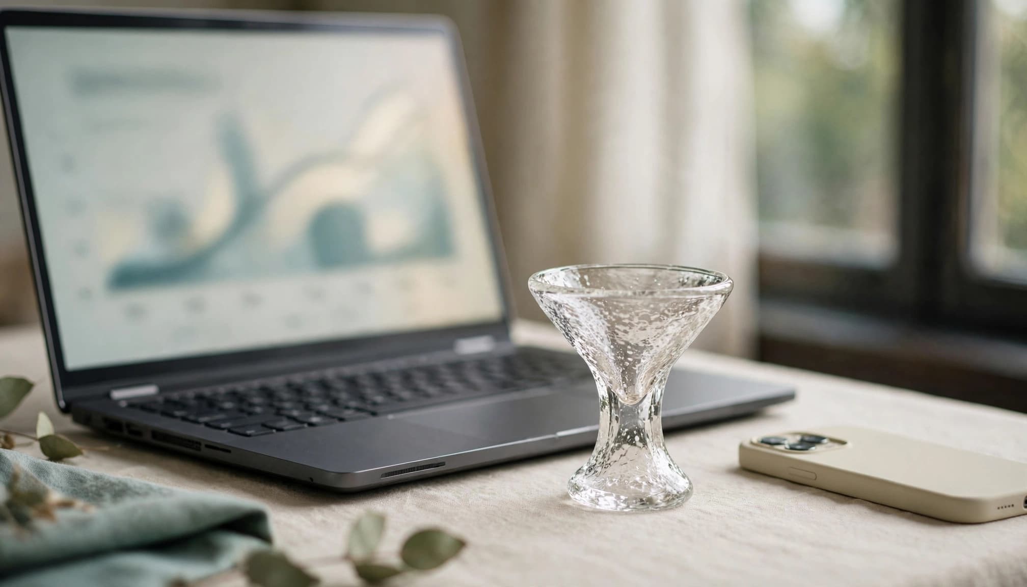 A laptop, a glass funnel sculpture, and a smartphone on a table.