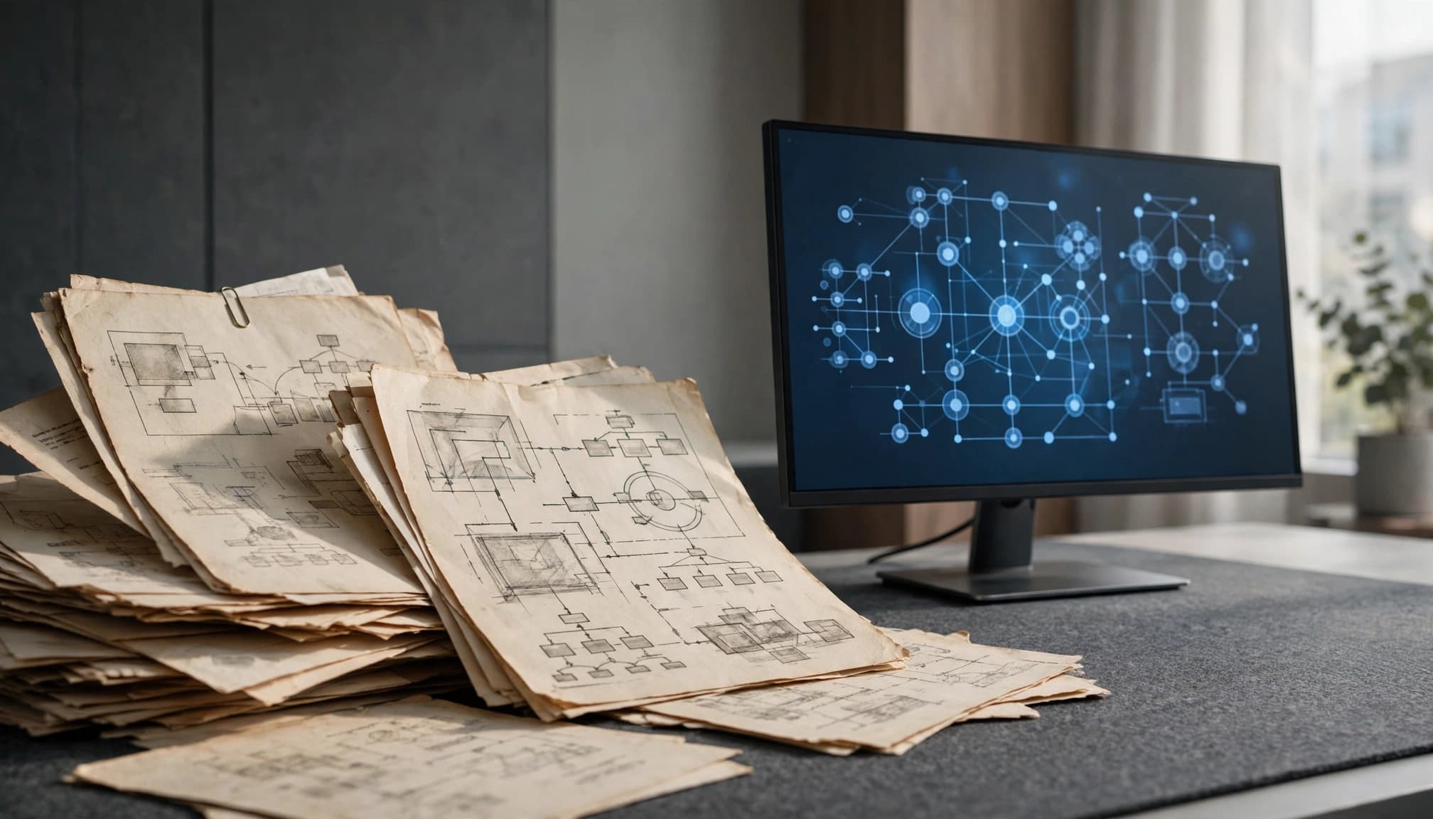 AI Code Documentation Tools for Legacy Repositories 3 A stack of old paper technical diagrams next to a monitor displaying a digital architecture map.