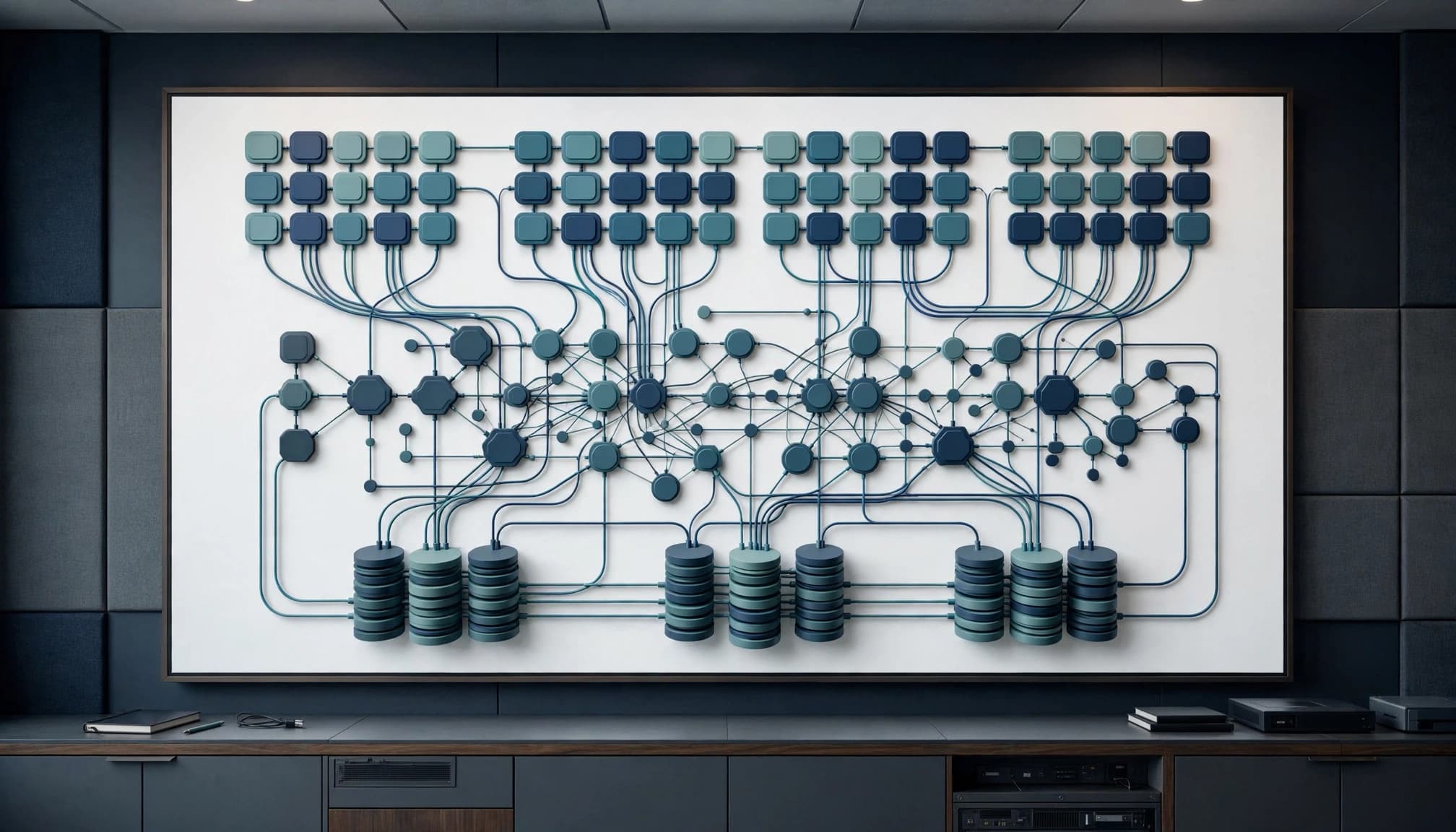 AI Code Documentation Tools for Legacy Repositories 1 A large architecture map on a white board with blue and teal connected modules and cylindrical database layers.