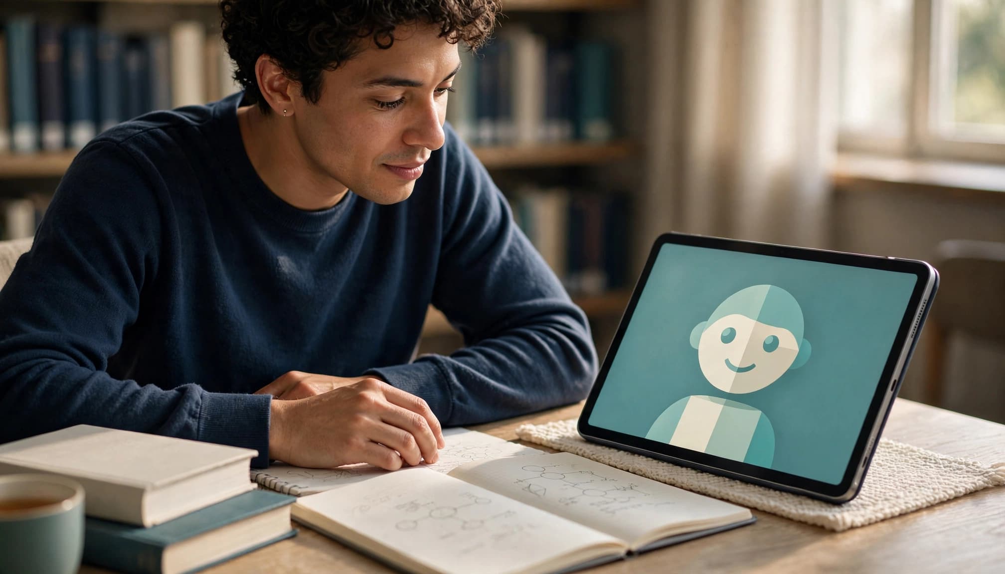An adult learner studies an open notebook beside a tablet with a geometric avatar.