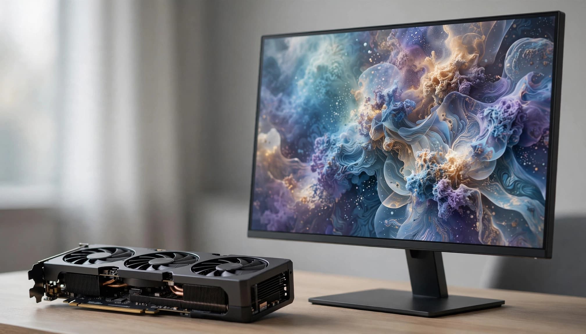A graphics card rests on a wooden desk next to a monitor displaying abstract blue and purple art.