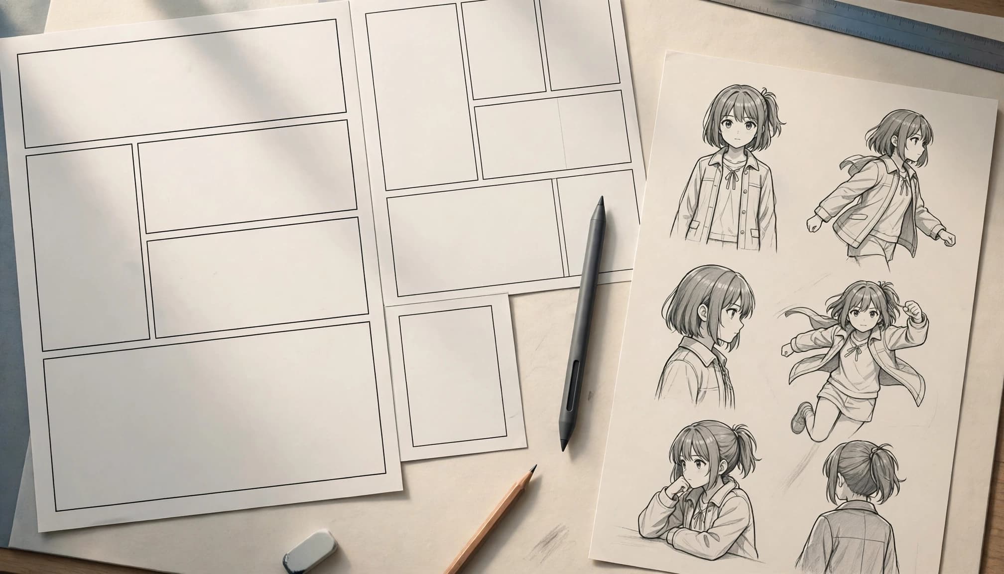 Blank comic panels sit beside a sheet of one heroine in several poses.