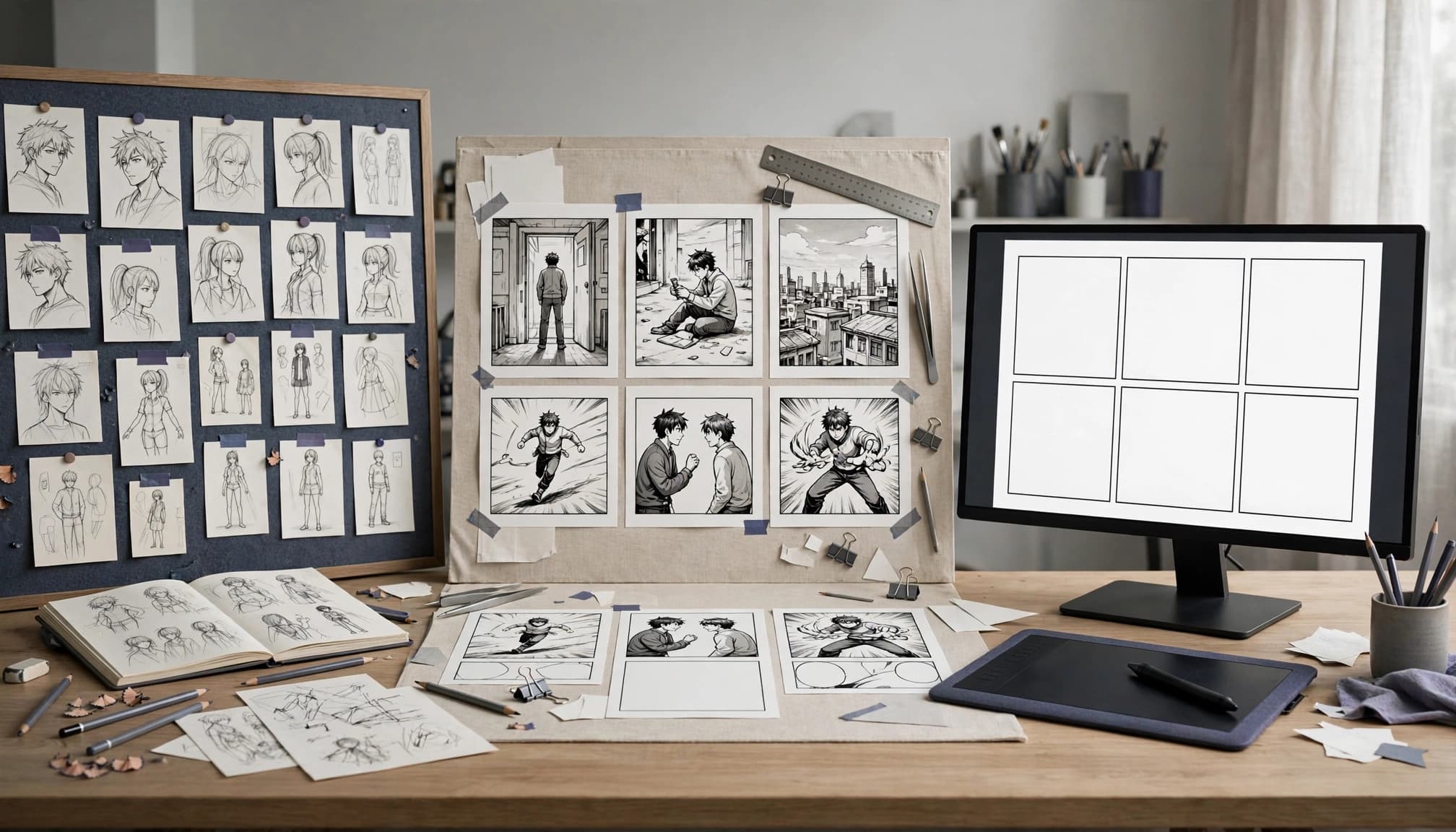 Character sketches and comic panels lead to a finished page on one monitor.