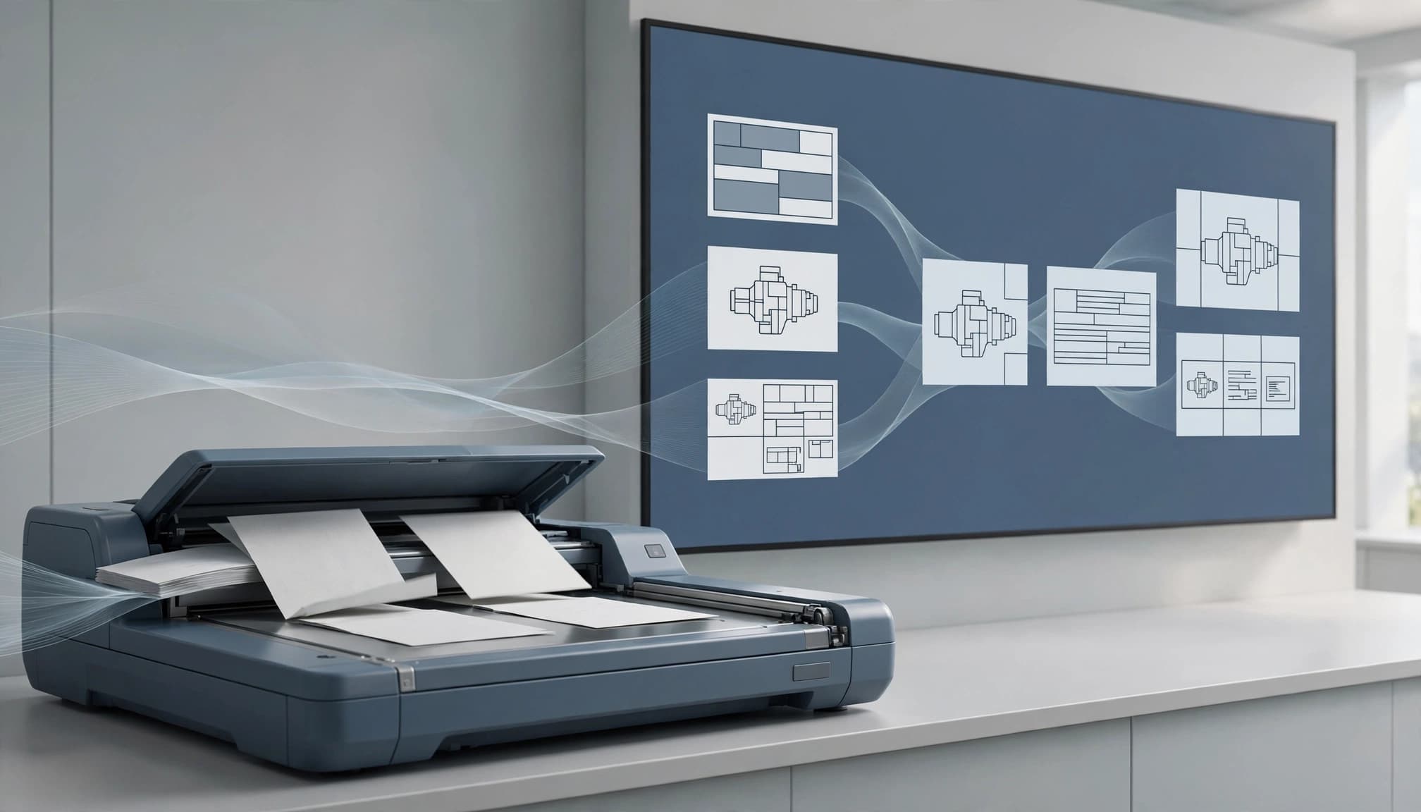 Multimodal RAG for Manuals: Search Diagrams With Text 2 A document scanner in the foreground with flowing lines connecting to a large display showing diagram outlines.