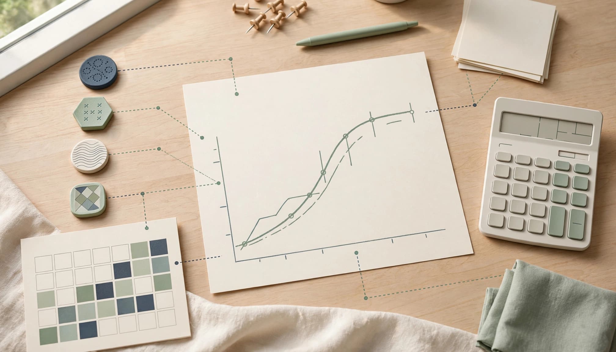 Channel tokens, a calendar, and a chart showing sales rising and then leveling off.