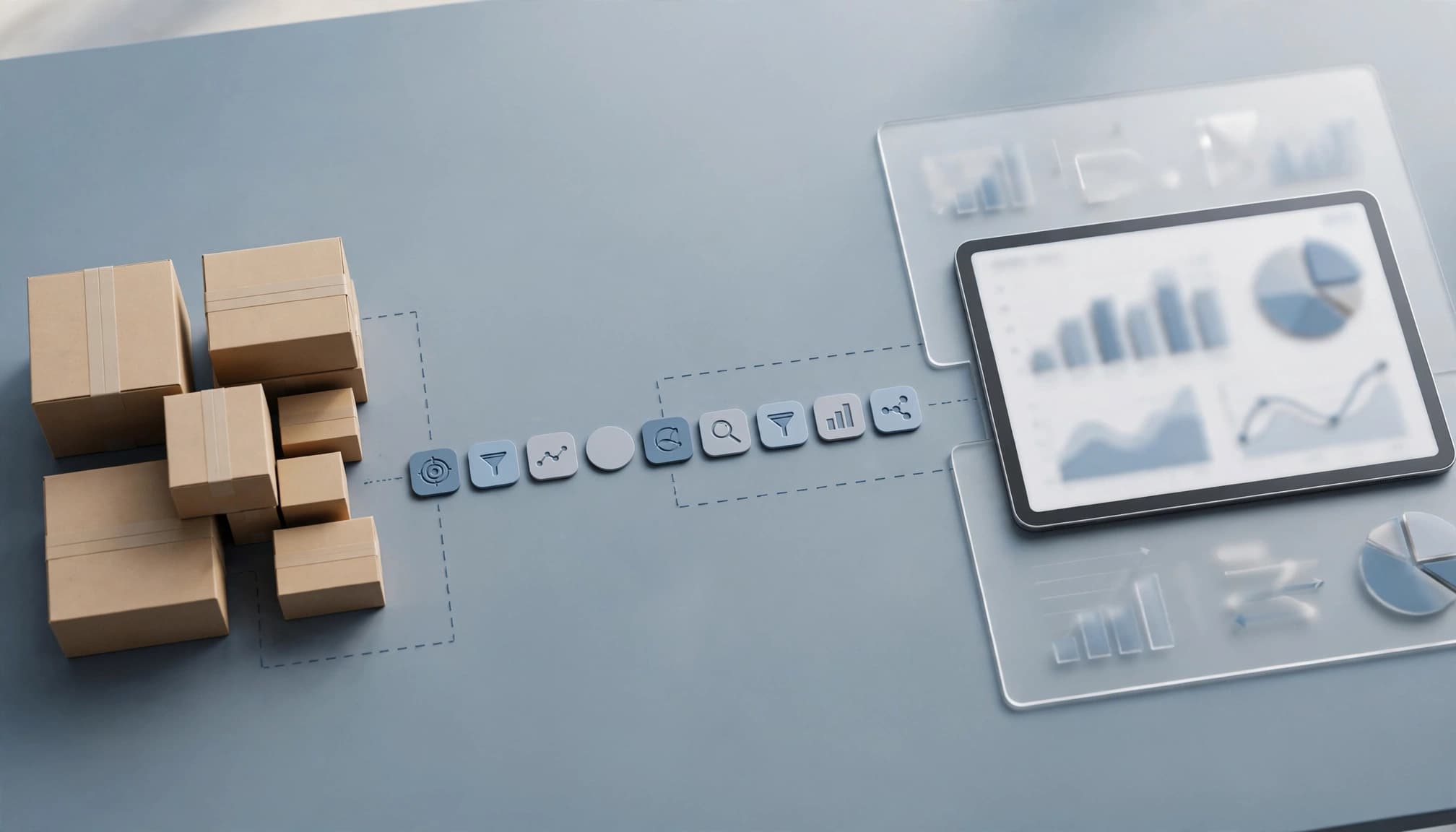 Cardboard boxes, icon tokens, and a tablet displaying charts on a blue surface.