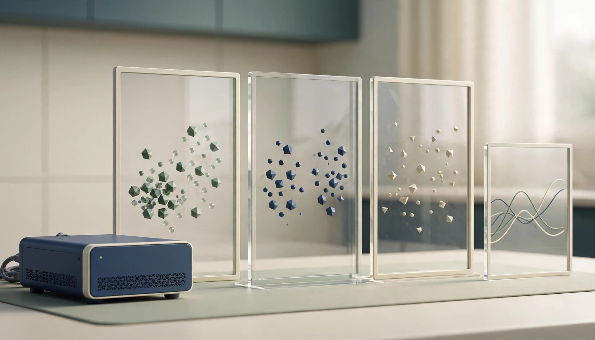 A small blue server next to four glass panels displaying geometric shapes and line charts.