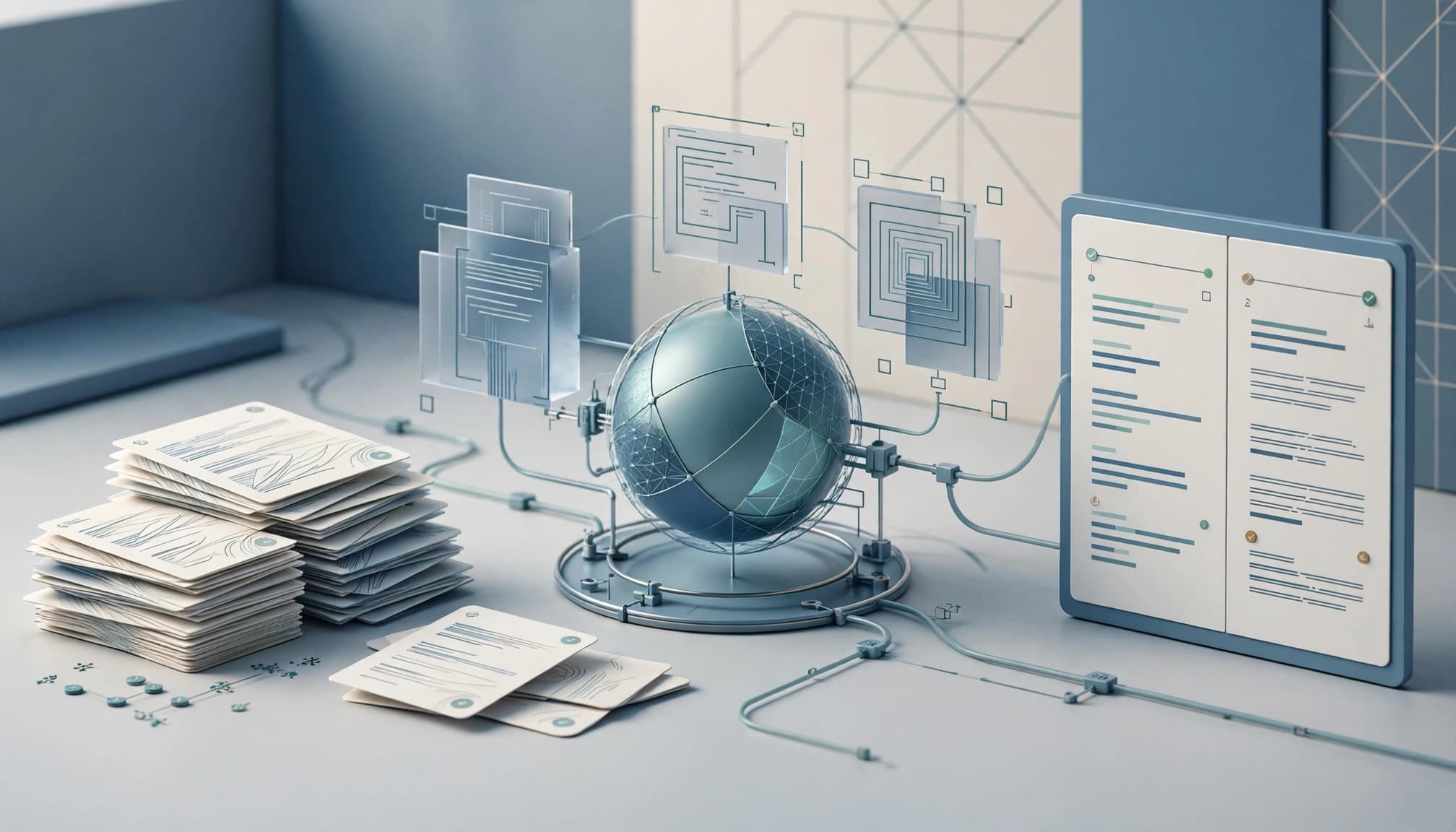A 3D rendering of an AI evaluation workflow with prompt cards, a central globe, and comparison panels.
