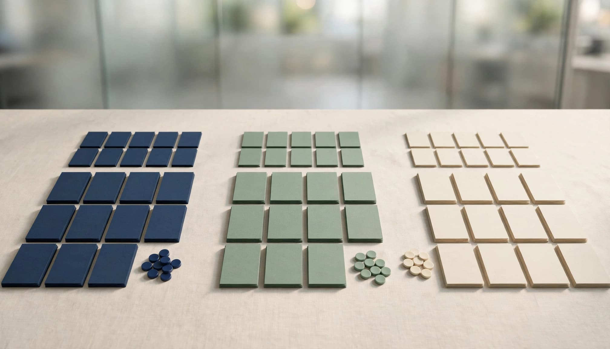 A tabletop with neatly arranged blue, green, and cream document cards and matching colored markers.