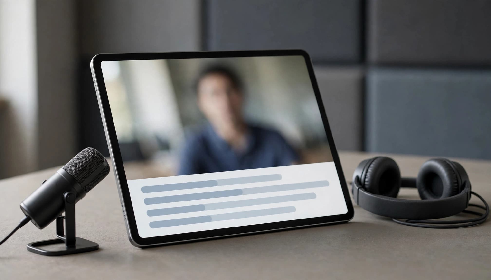 A tablet on a desk displays a video with abstract subtitle lines, flanked by a microphone and headphones.