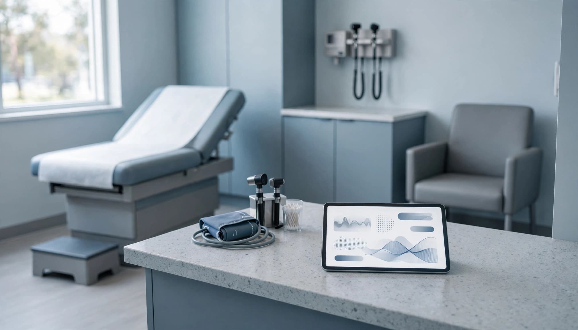A modern outpatient exam room featuring a tablet displaying medical data on a counter in the foreground.