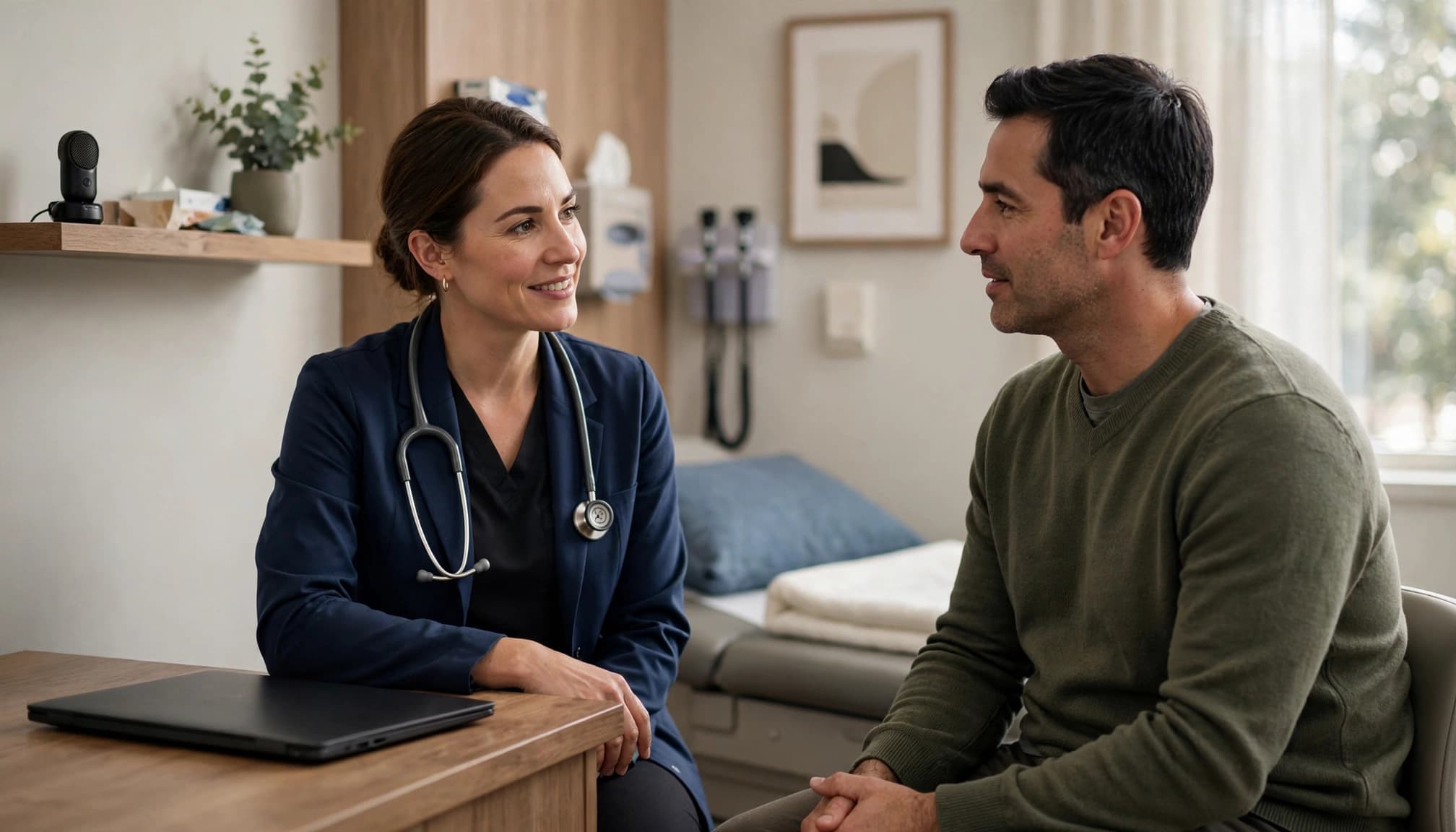 A female clinician in a blue blazer with a stethoscope talking to a male patient in a clinic.