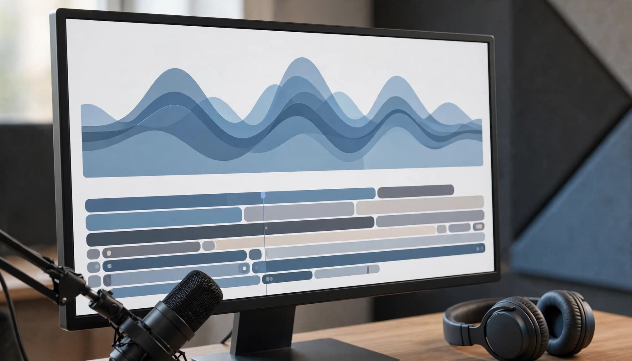 A computer monitor showing abstract audio waveforms and timelines, with a microphone and headphones on a desk.