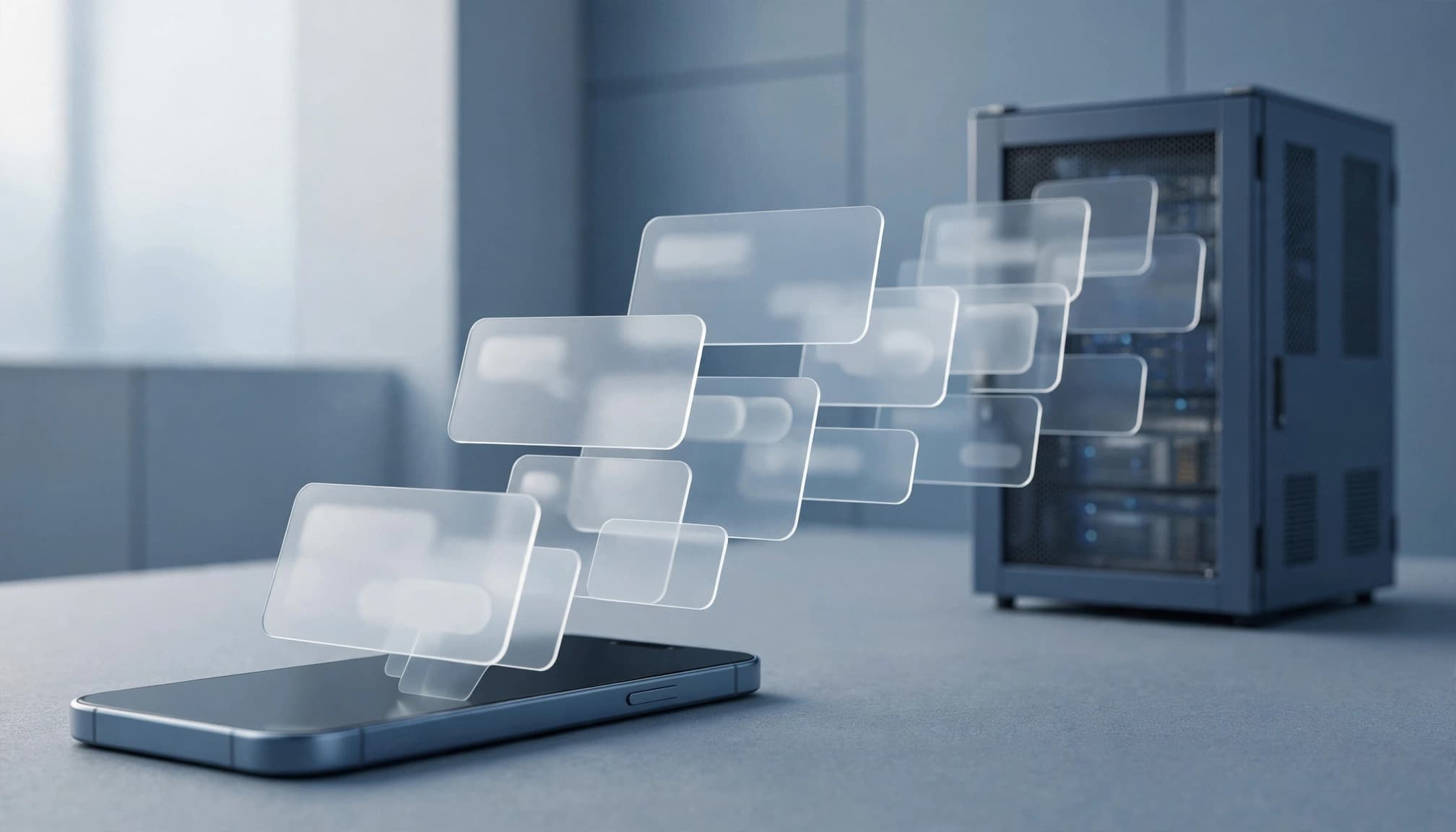 Translucent chat cards move from a phone toward a secure server cabinet.