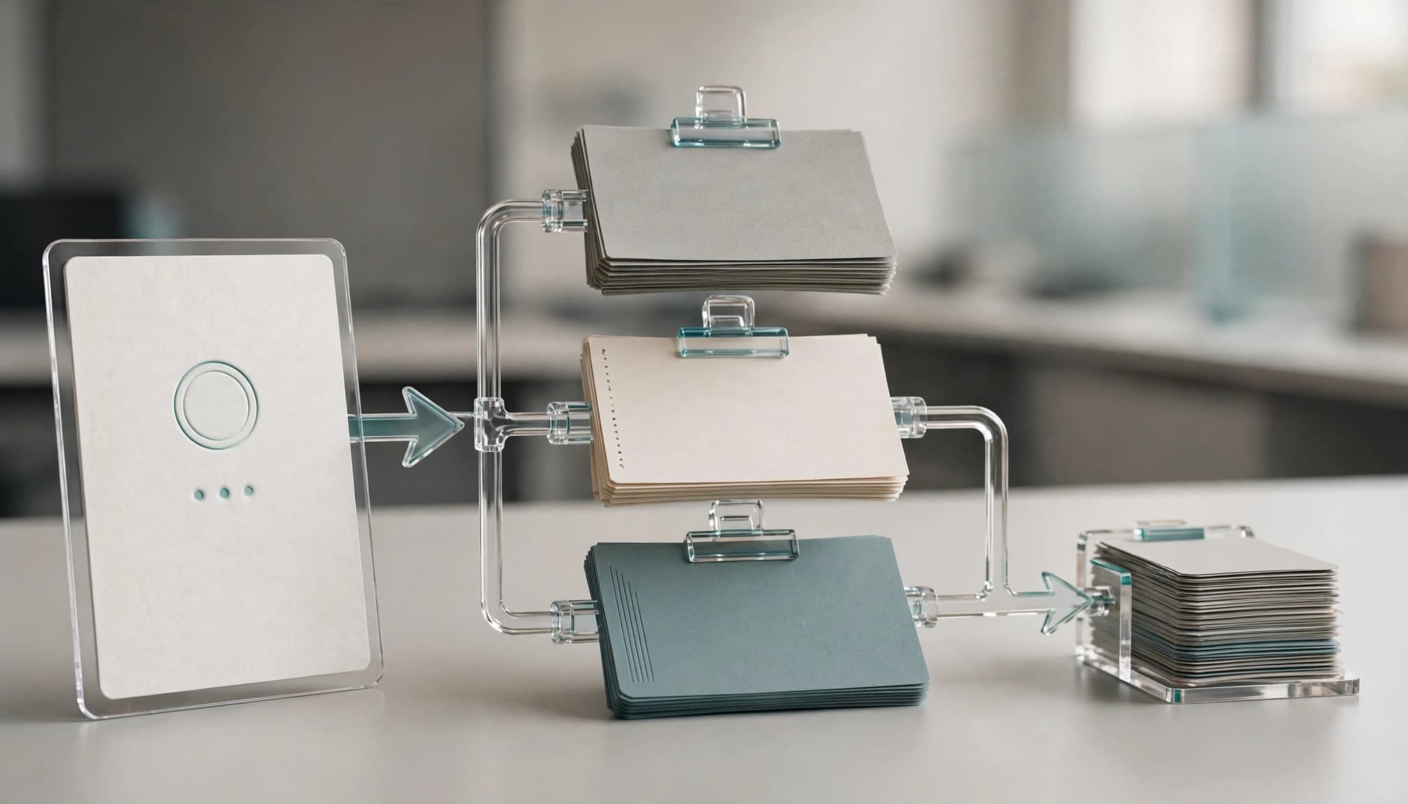A query card leads to three document cards and a small stack of results.