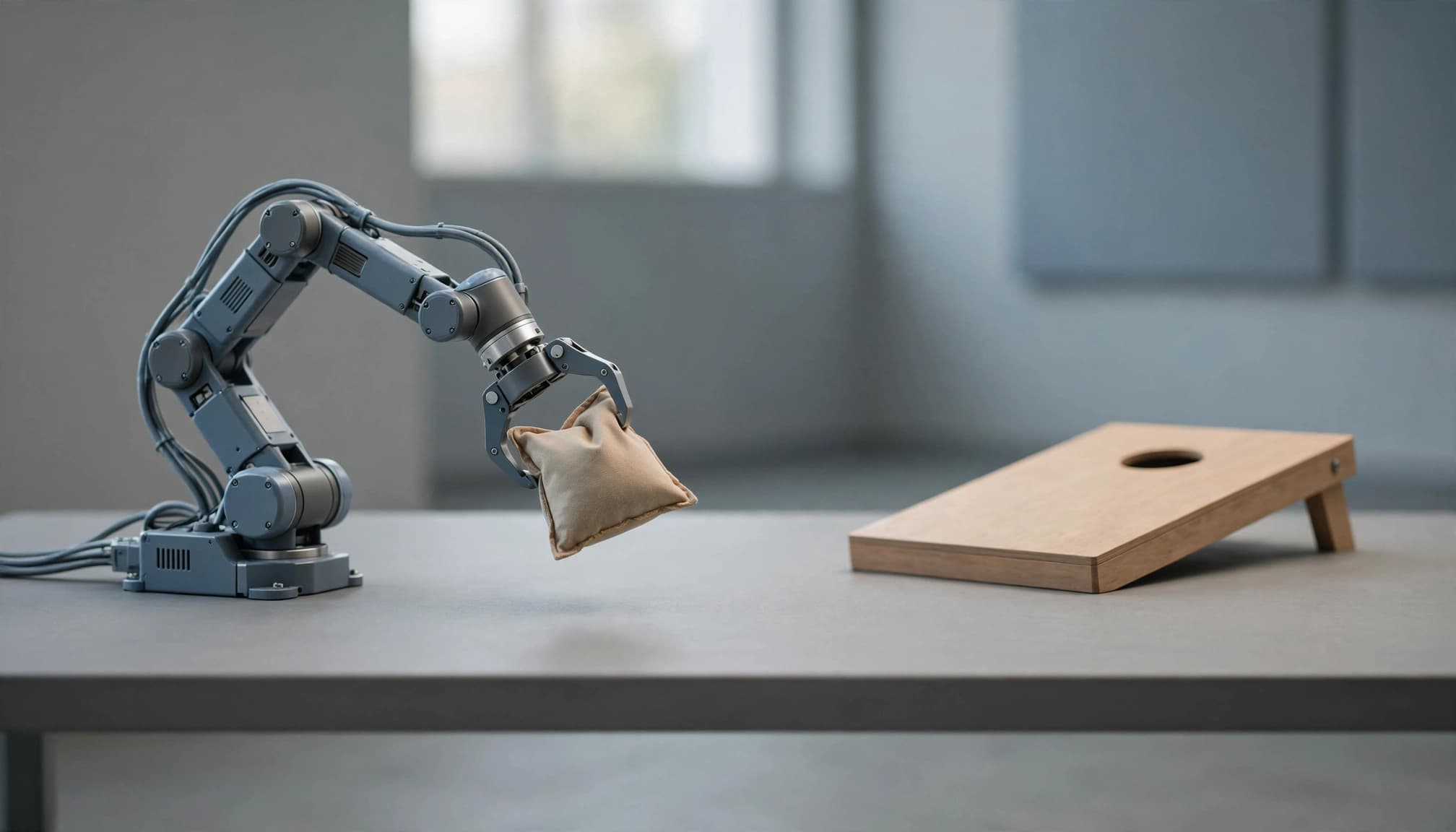 A gray robotic arm holding a small beige beanbag over a table next to a wooden cornhole board.