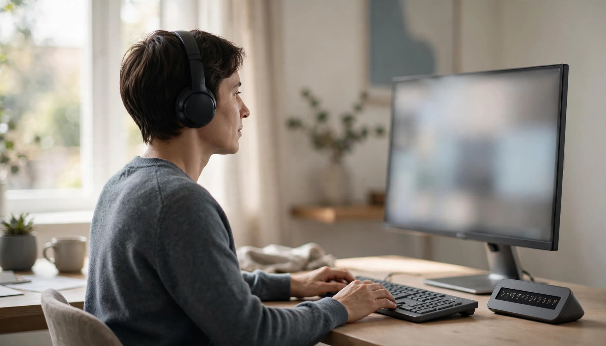 Best AI Accessibility Auditing Tools for Small Teams 3 A professional user wearing headphones typing on a keyboard in front of a computer monitor.