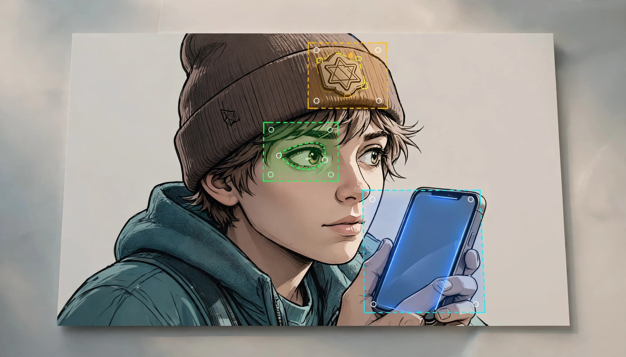 An illustrated portrait of a person wearing a beanie and hoodie, with three selection boxes highlighting editable areas.
