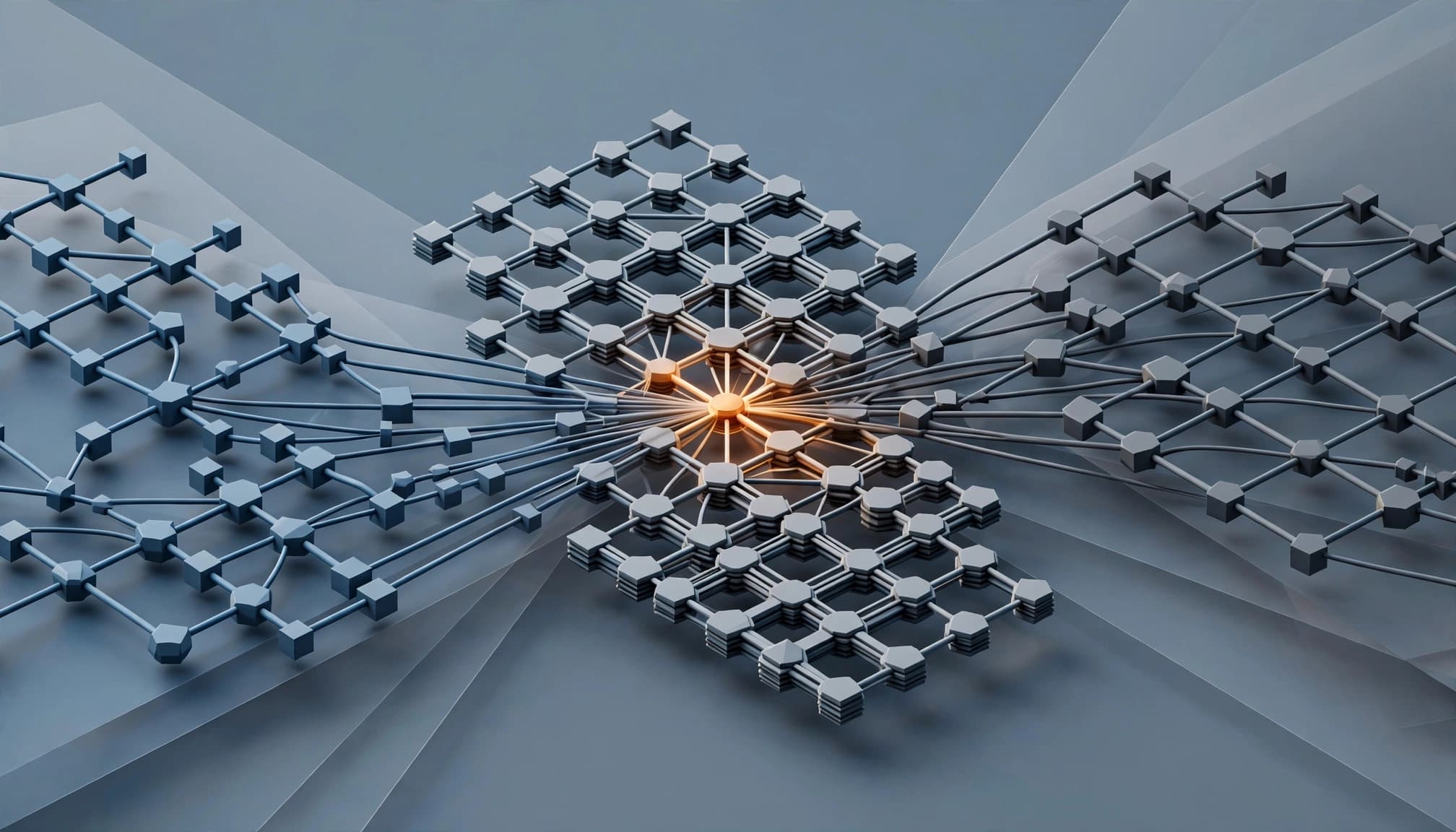 Two code change paths meet at an amber-highlighted dependency in a layered graph.