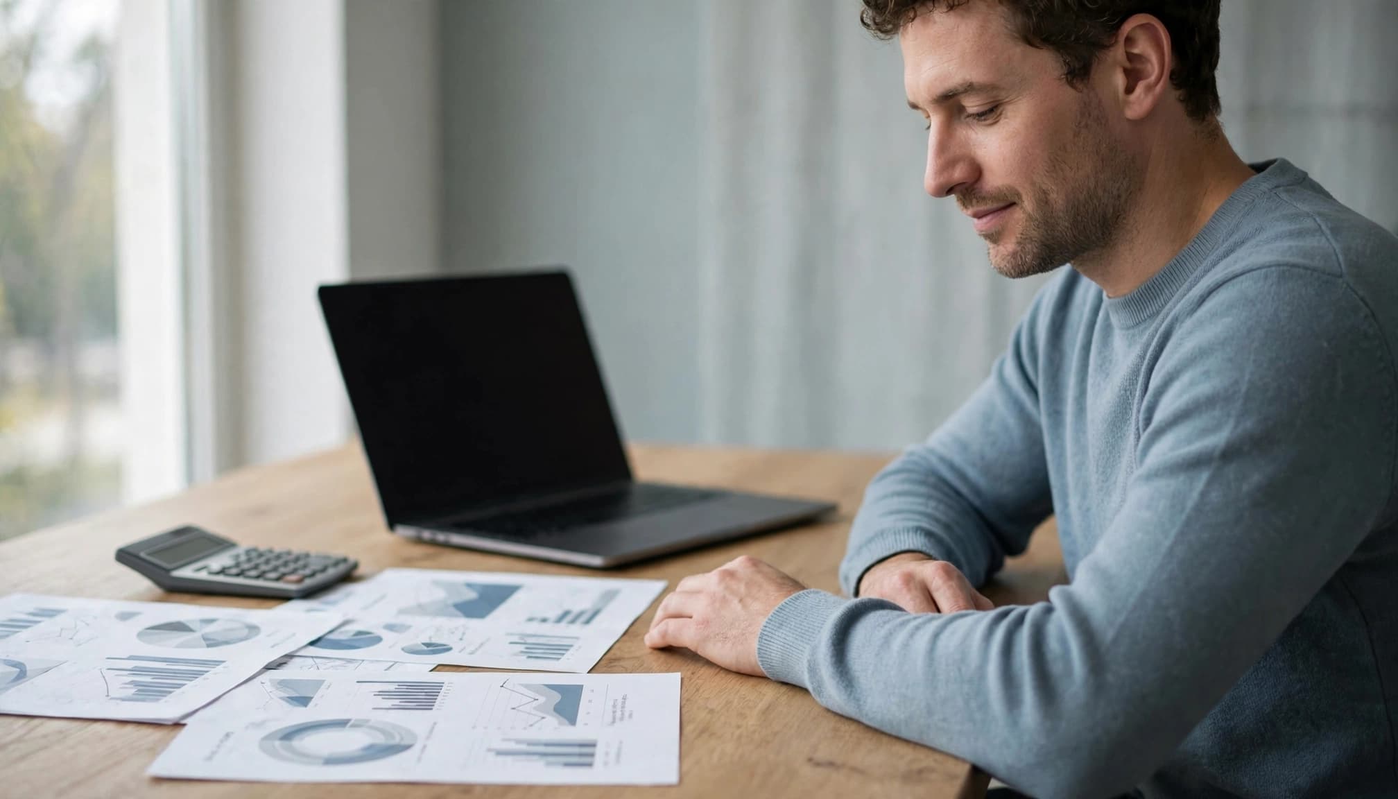 A man in a blue sweater reviewing charts and a calculator beside a laptop.