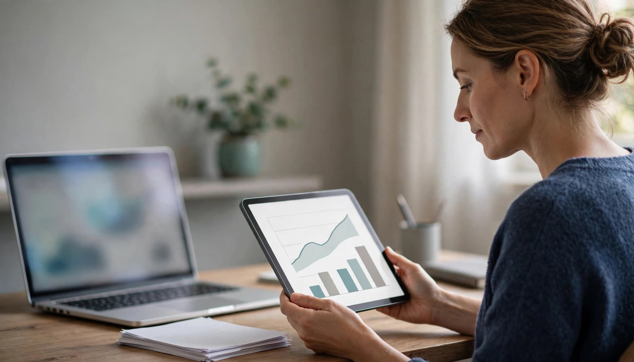 A woman reviews a cash-flow chart on a tablet next to a laptop.