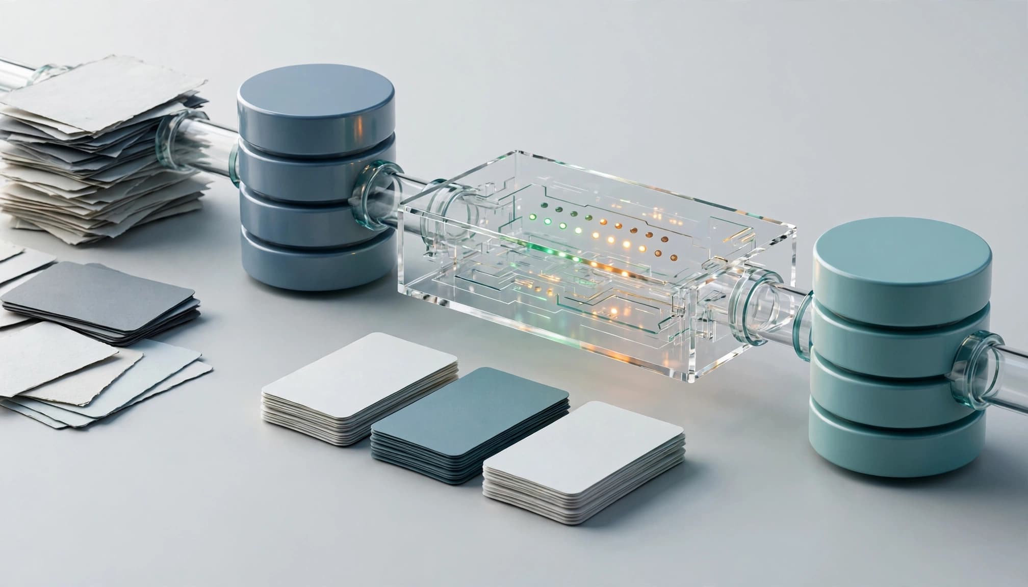 Database cylinders and sorted data cards pass through a clear quality-control layer.