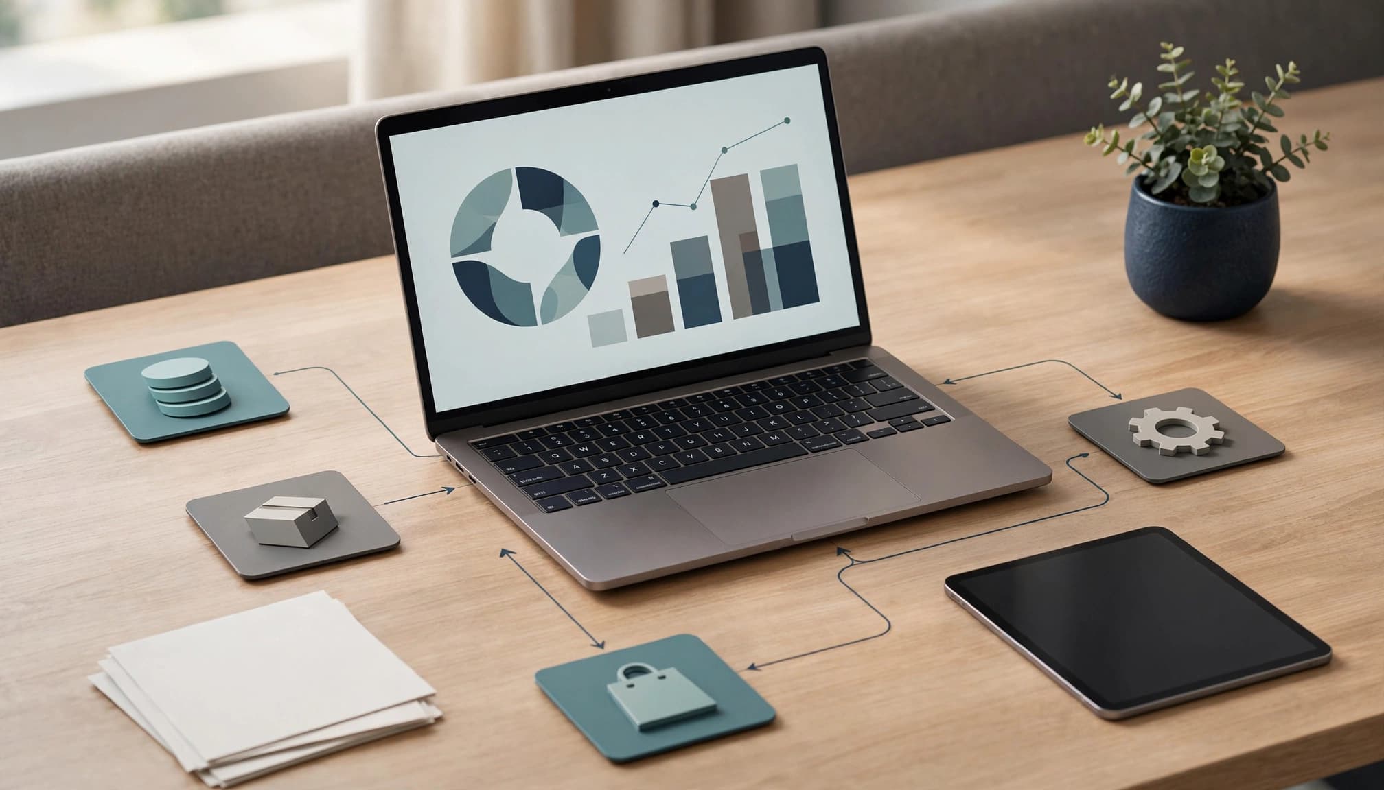 A laptop with chart shapes sits beside connected data tiles, invoices, and a tablet.