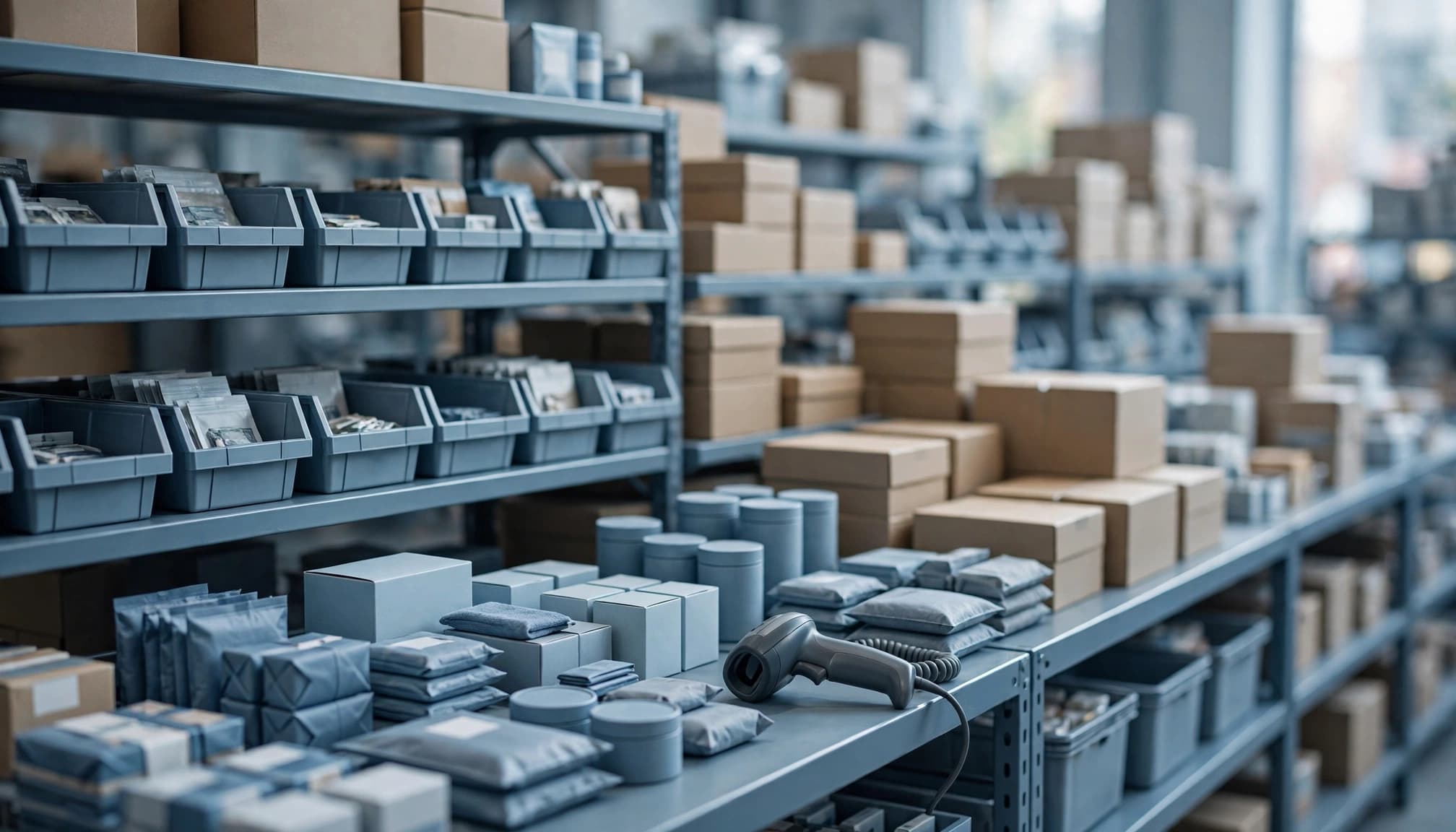 Products and cartons arranged on stockroom shelves beside a handheld barcode scanner.