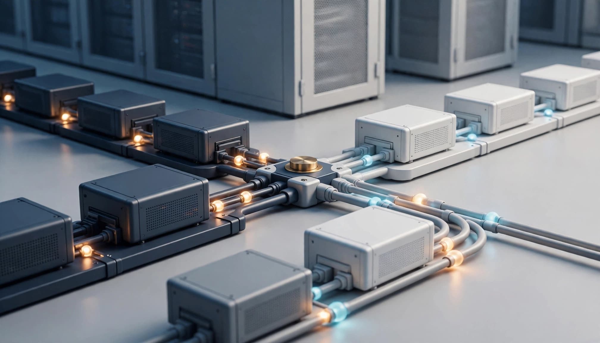 A 3D server operations environment with two pathways of software service boxes connected by glowing cables.