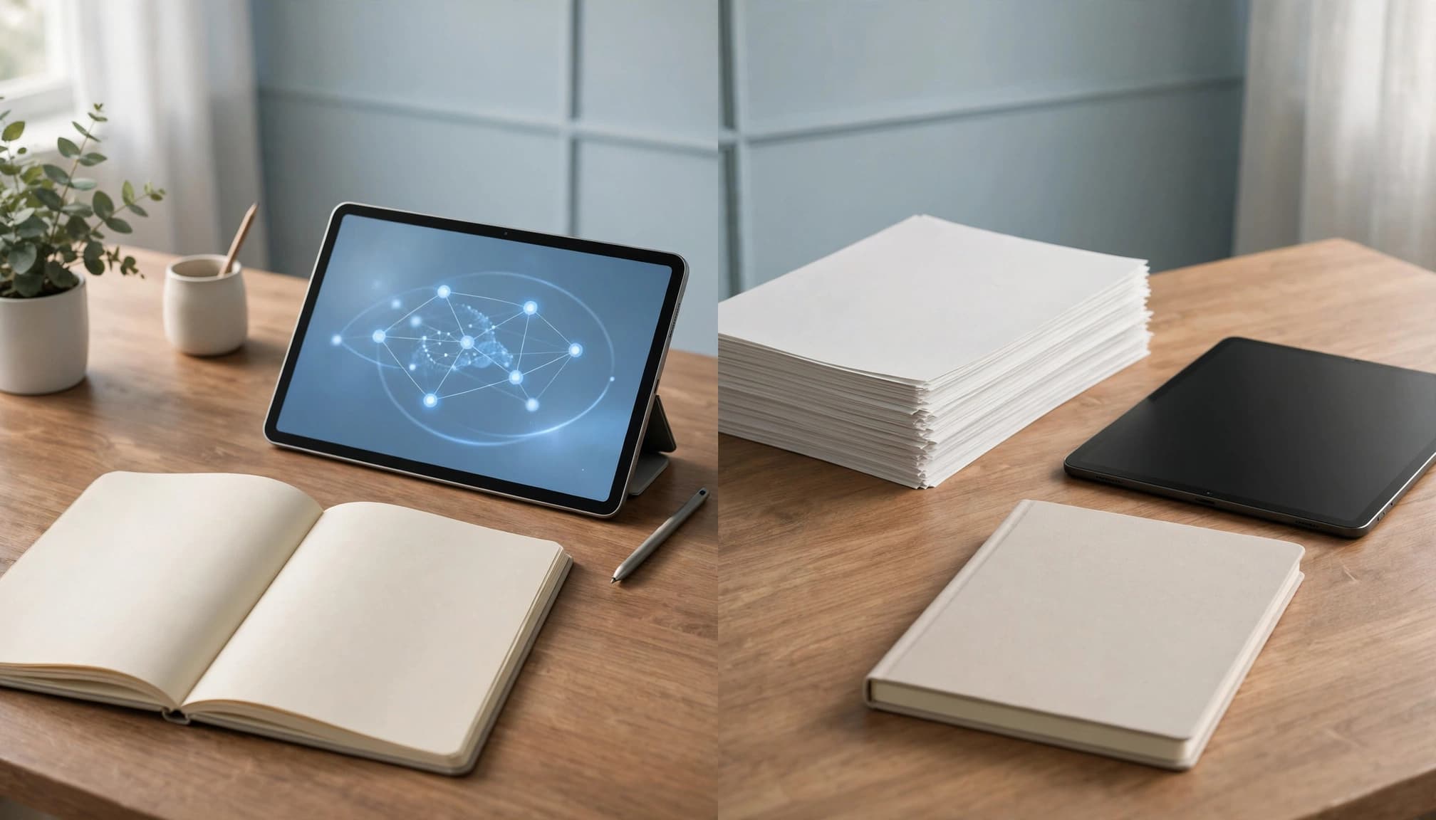 An open blank notebook and tablet face completed worksheets and another tablet.