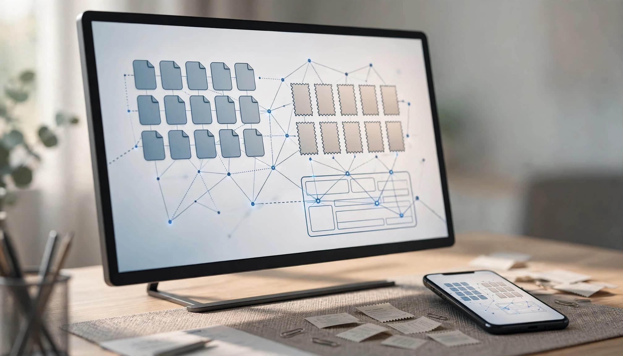 A computer monitor and phone on a desk display organized document tiles and connected nodes.