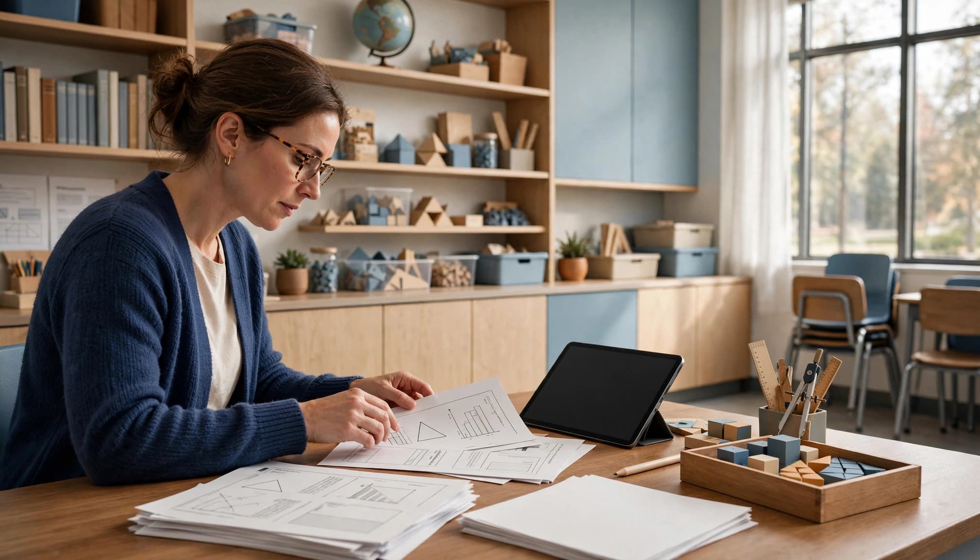 A teacher checks worksheets beside a tablet in a bright classroom.