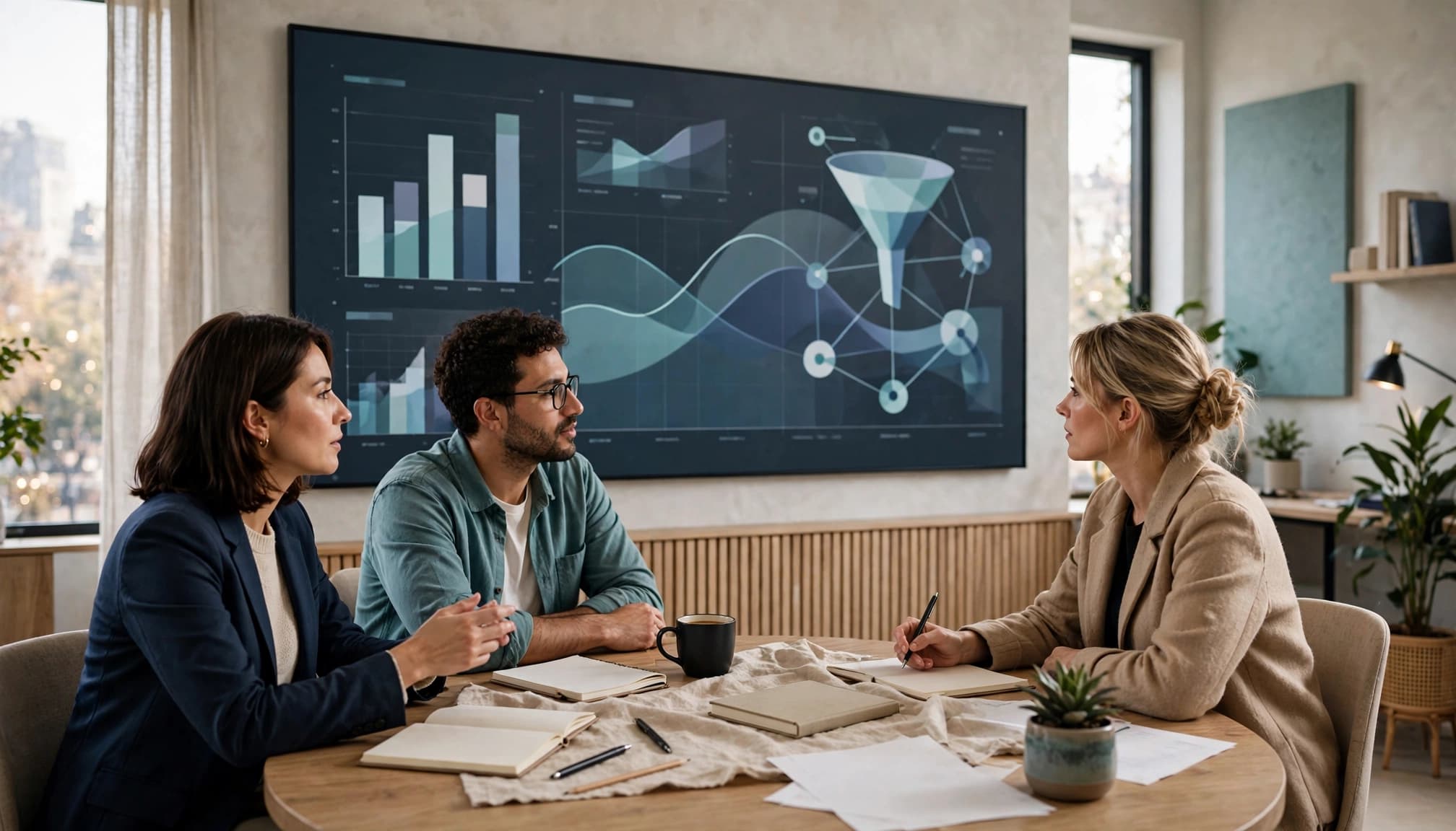 Three professionals reviewing analytics charts on a large wall display in a modern office.