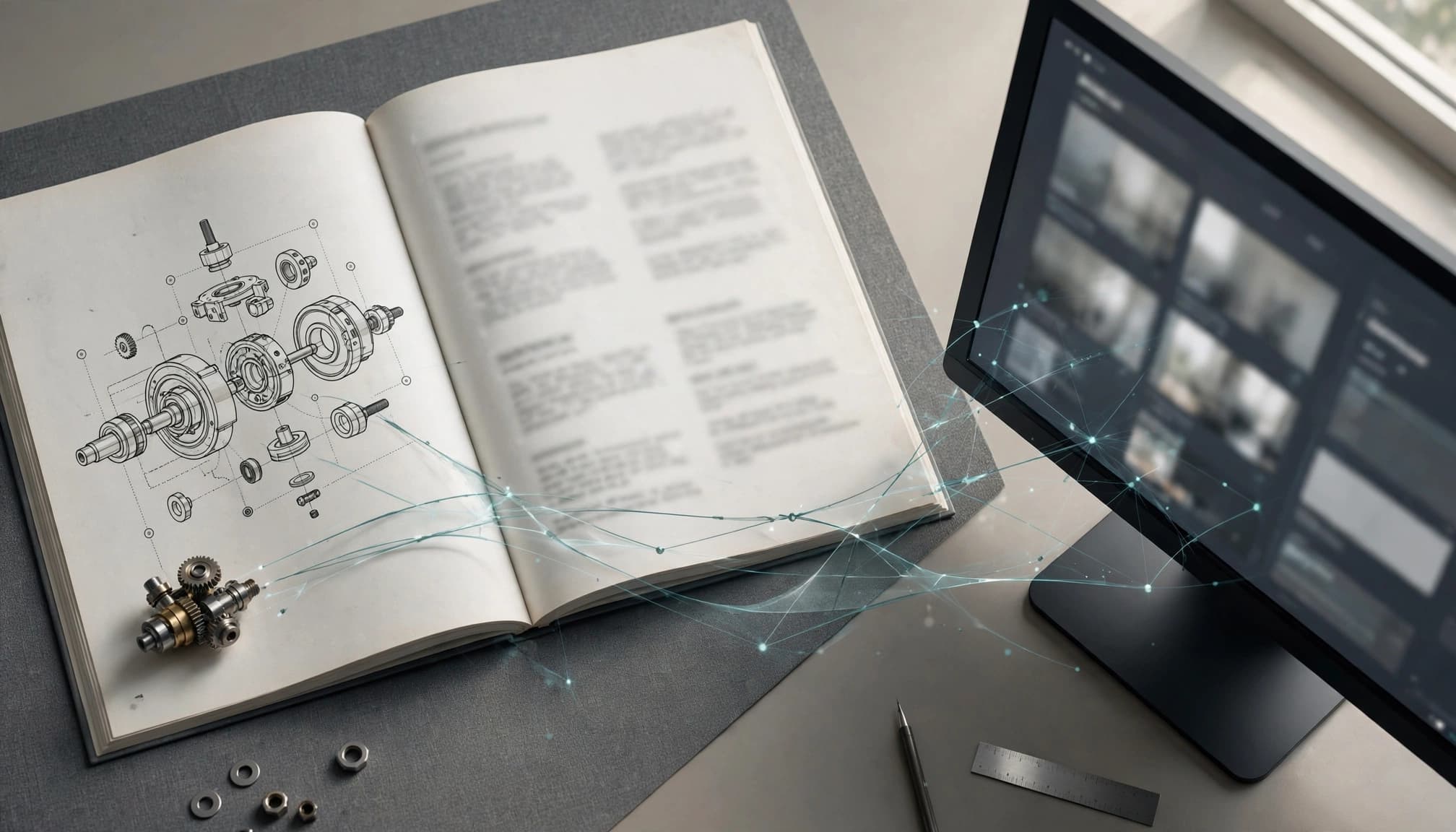 Multimodal RAG for Manuals: Search Diagrams With Text 1 An open technical manual with a mechanical diagram next to a monitor connected by data lines.
