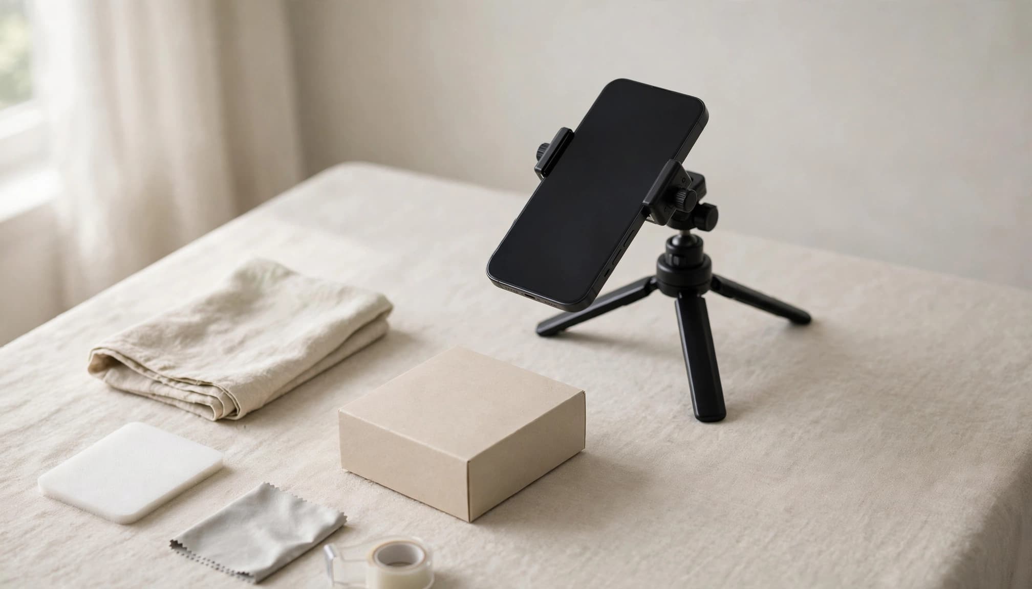 A smartphone mounted on a small black tripod next to a small product box on a table.